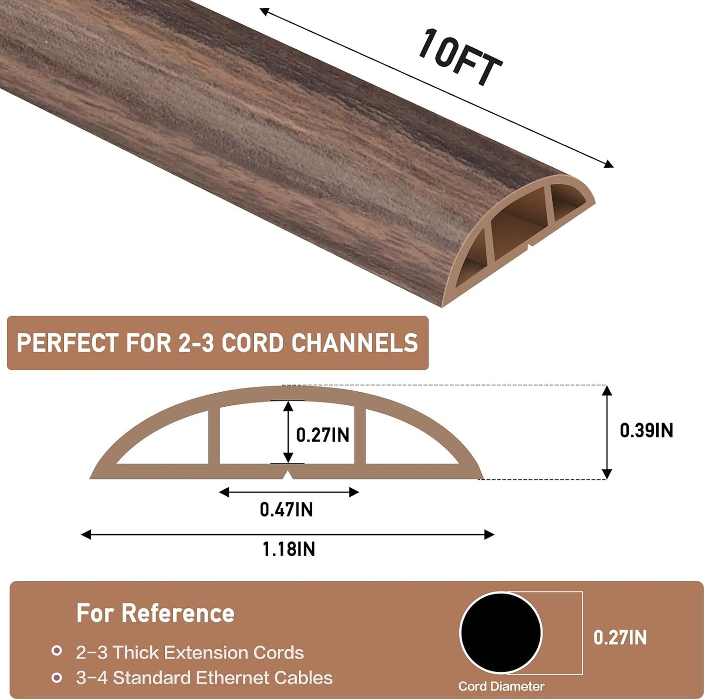 LSGCQ Floor Cord Cover Self Adhesive Cord Hider Floor Cable Management | Cord Covers for Wires on Floor Cable Cover, Prevent Cable Trips, Cable Cavity 0.47" W x 0.27" H, 10Ft, Smoked Brown Wood