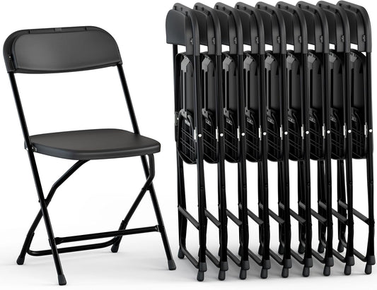Our Modern Space 10 Pack Foldable Plastic Chair | Folding & Stackable | 350 lbs Capacity Steel Frame Seats for Indoor Outdoor | Commercial Use Events Wedding Party Bulk Picnic Kitchen Dining - Black