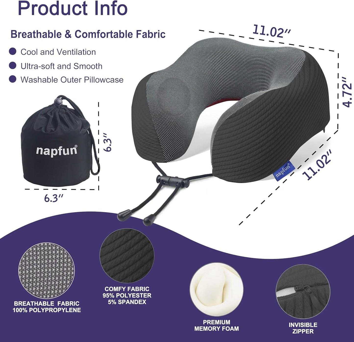 napfun Neck Pillow for Traveling, Upgraded Travel Neck Pillow for Airplane 100% Pure Memory Foam Travel Pillow for Flight Headrest Sleep, Portable Plane Accessories, Charcoal Black