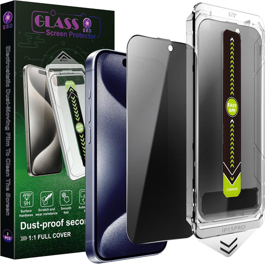 2 Pack Anti-Spy Privacy Screen Protector for iPhone 15 Pro (6.1-Inch),9H Tempered Glass,Full Coverage,Anti-Fingerprint,Auto Dust Removal,Bubble-Free,Easy Installation