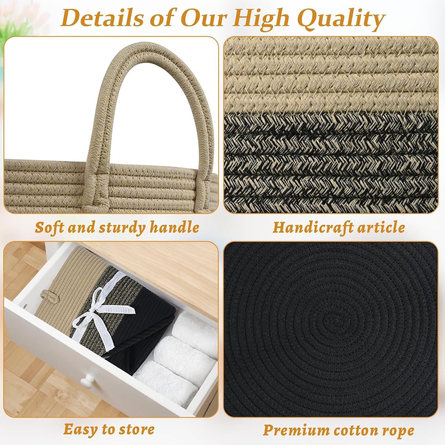 67L Large Woven Blanket Basket, Cotton Rope Baby Laundry Hamper with Handles, Kids Toy Basket for Classroom & Nursery, Soft Round Stuffed Animal Storage, Dog Toy Bin - 20"x13", Black & Brown
