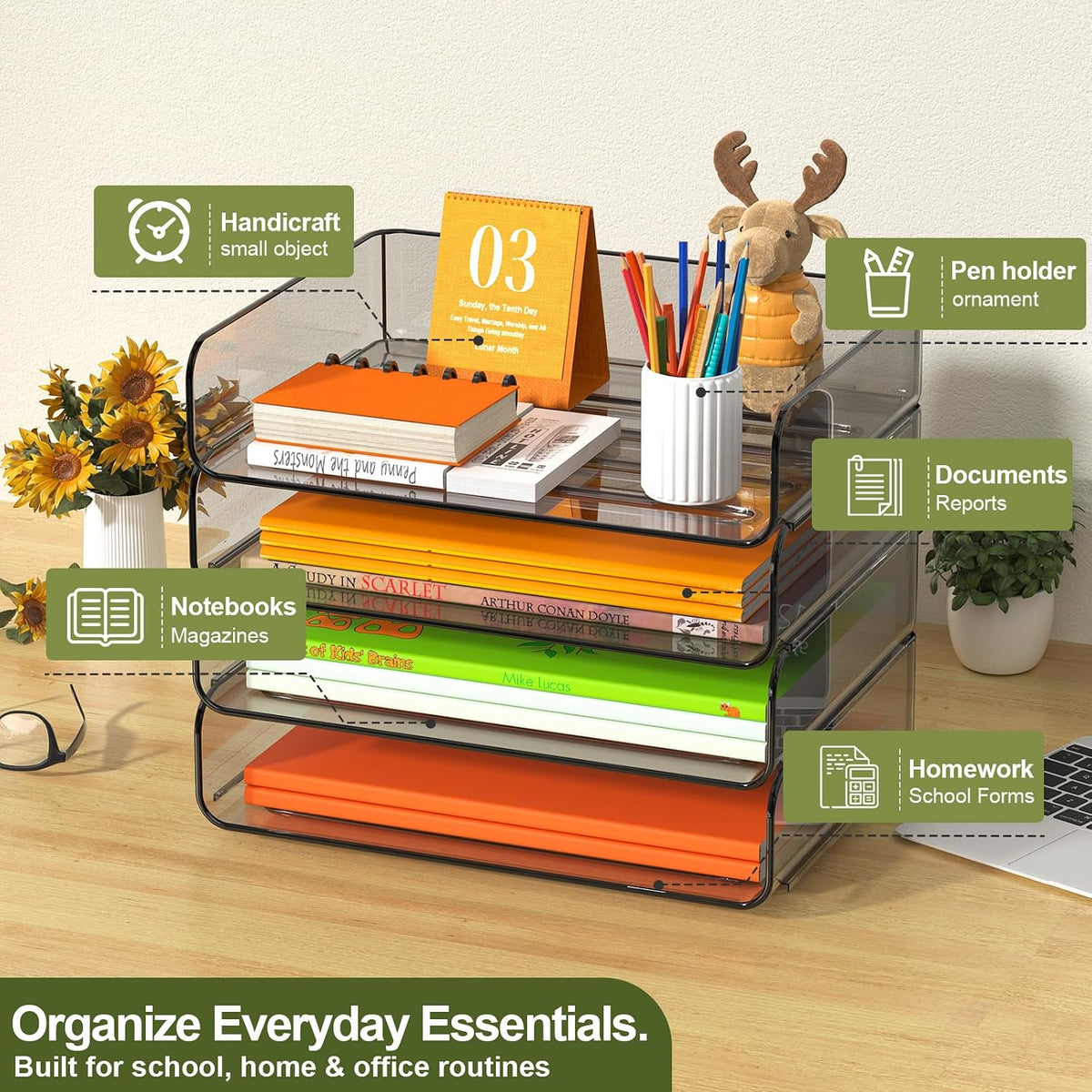 FANXIYQ 4-Tier Acrylic Paper Tray Organizer Brown Stackable Paper Organizer