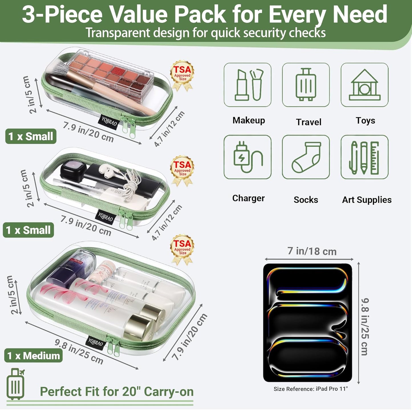 YQBRAO 3-Pack Clear Hard Shell Zipper Case Green, 1.2mm Heavy-Duty Crush-Proof Travel Makeup Bag, TSA Approved Clear Zipper Pouches, Rigid Toiletry & Diaper Bag Organizer for Tech, Toys & Art Supplies