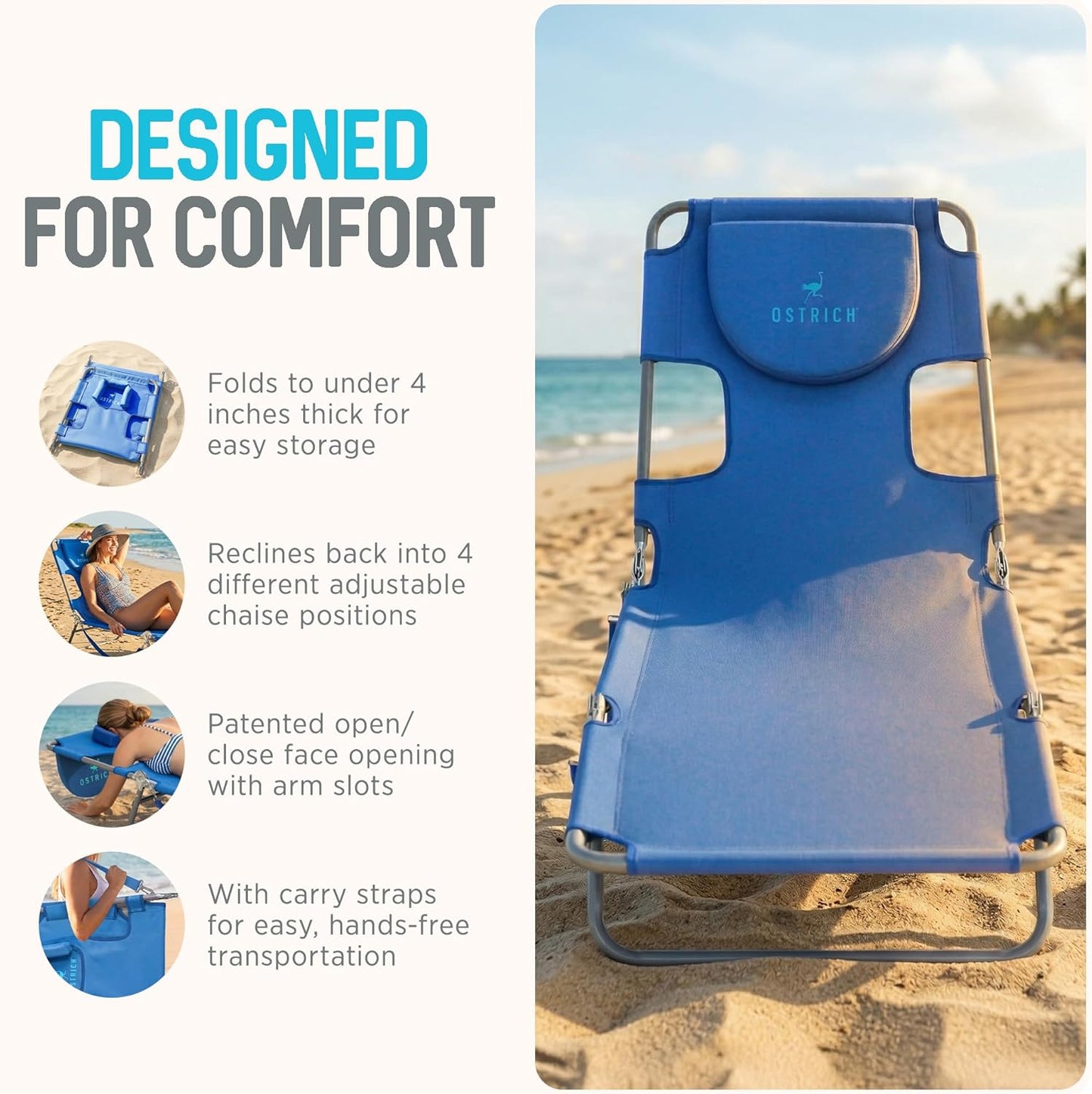 Ostrich the Original Chaise 72 x 22 Inch Lounge Portable Reclining Lounger, Outdoor Patio, Beach, Lawn, Camping, or Pool Tanning Chair, Ocean Blue