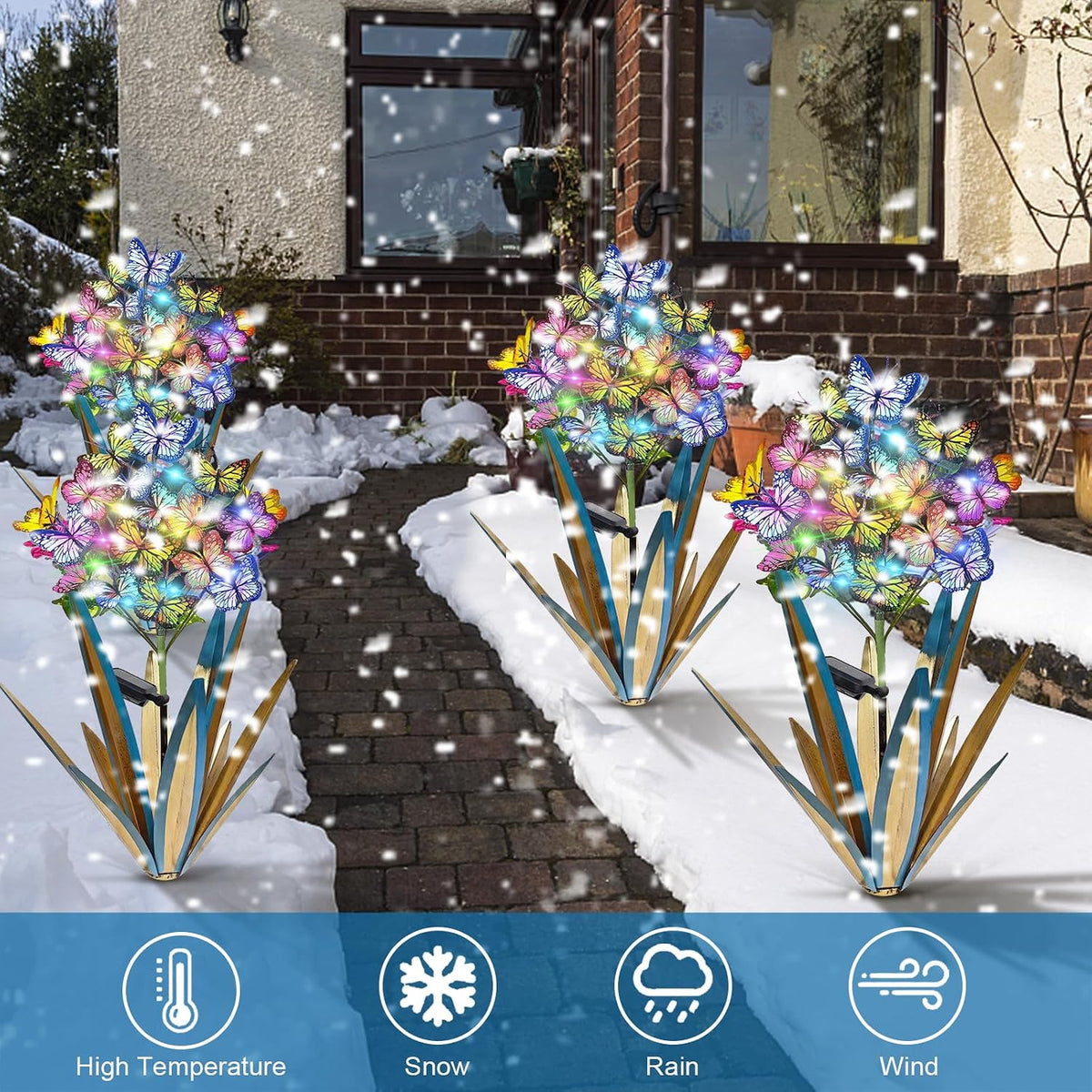 Homight Solar Metal Agave Butterfly Flower Stick Garden Sculpture - Outdoor Christmas Lights With Swaying Butterfly Sunflower - Solar Outdoor Gift (3 PCS Blue)