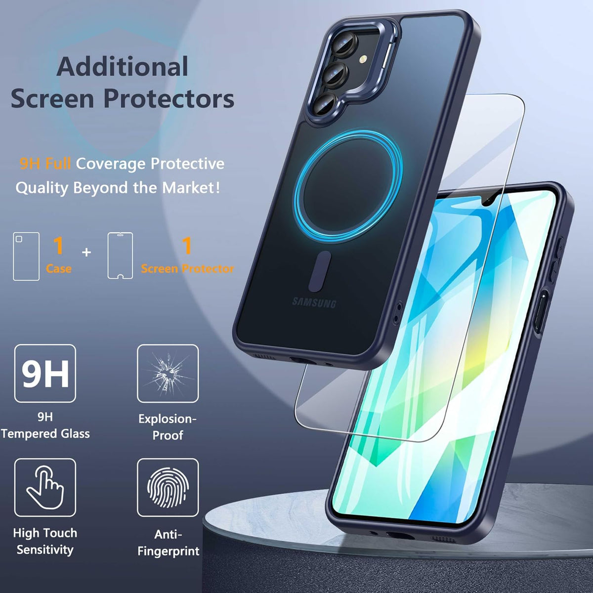 Magnetic for Samsung Galaxy A16 5G Phone Case with Screen Protector, Compatible with MagSafe, Built-in Camera Stand Case Shockproof Protective Cover for Samsung Galaxy A16 5G/4G (Blue)