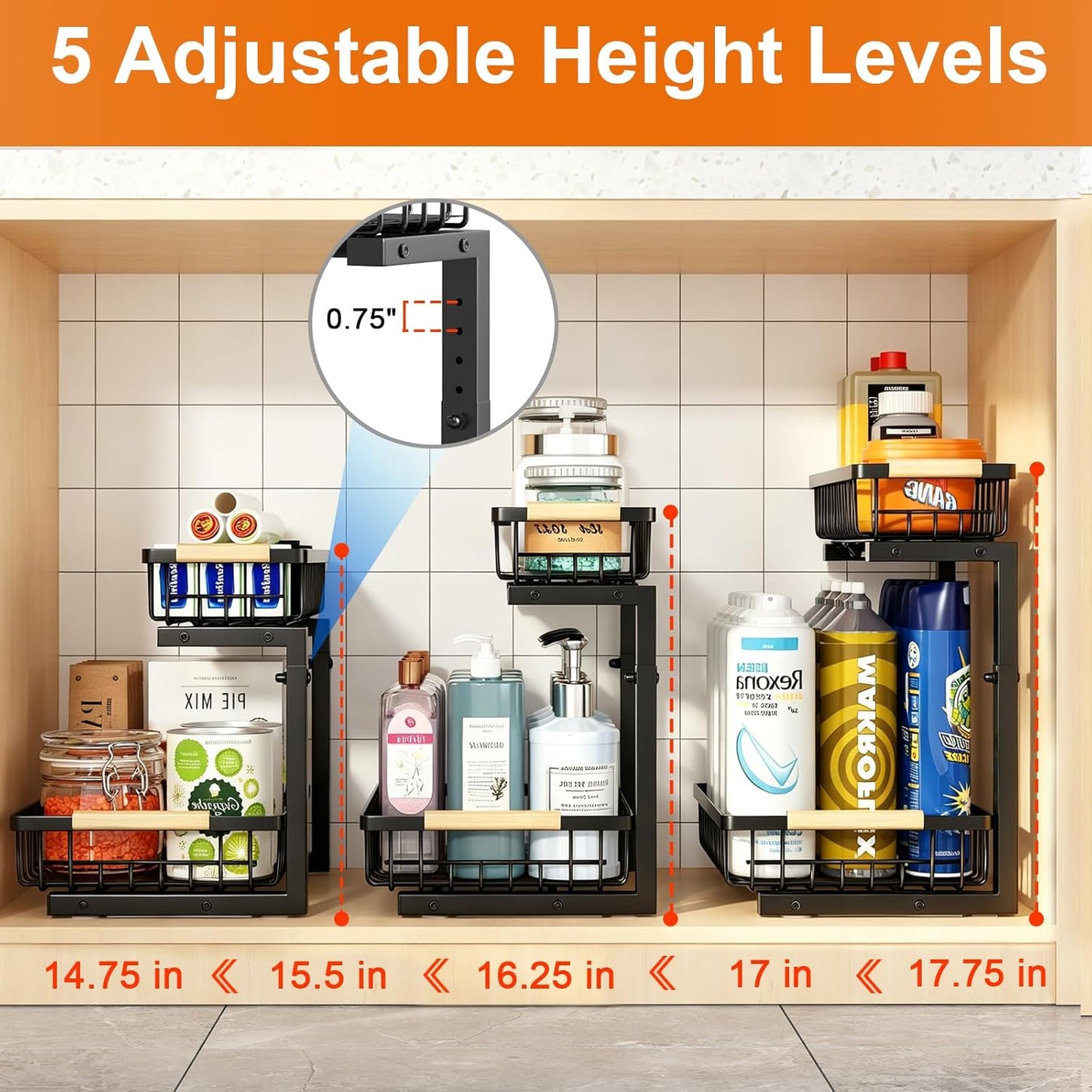 REALINN Under Sink Organizer, Height Adjustable 2 Tier Pull Out Cabinet Storage, L-Shaped Drawer Organizer for Kitchen Sink Organizer, Bathroom Organizers and Storage, Smooth Sliding Rails, Black