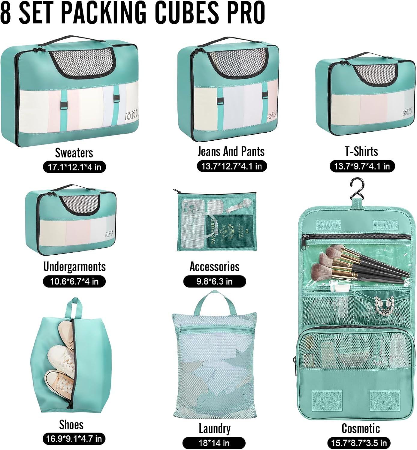 Veken 8 Set Packing Cubes for Travel Essentials, Suitcase Organizer Bags in 4 Sizes, Carry-On Luggage Accessories with Laundry Bag, Airplane Must Have, Gifts for Women Men