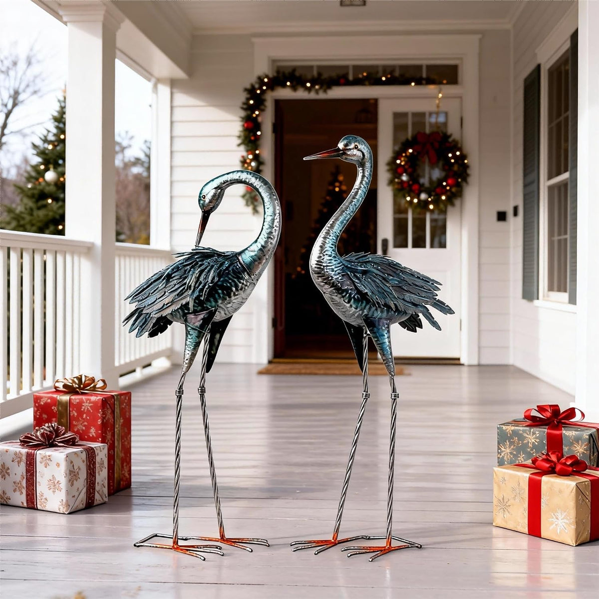 Kircust Metal Blue Heron Standing Crane Statues Outdoor Garden Decor