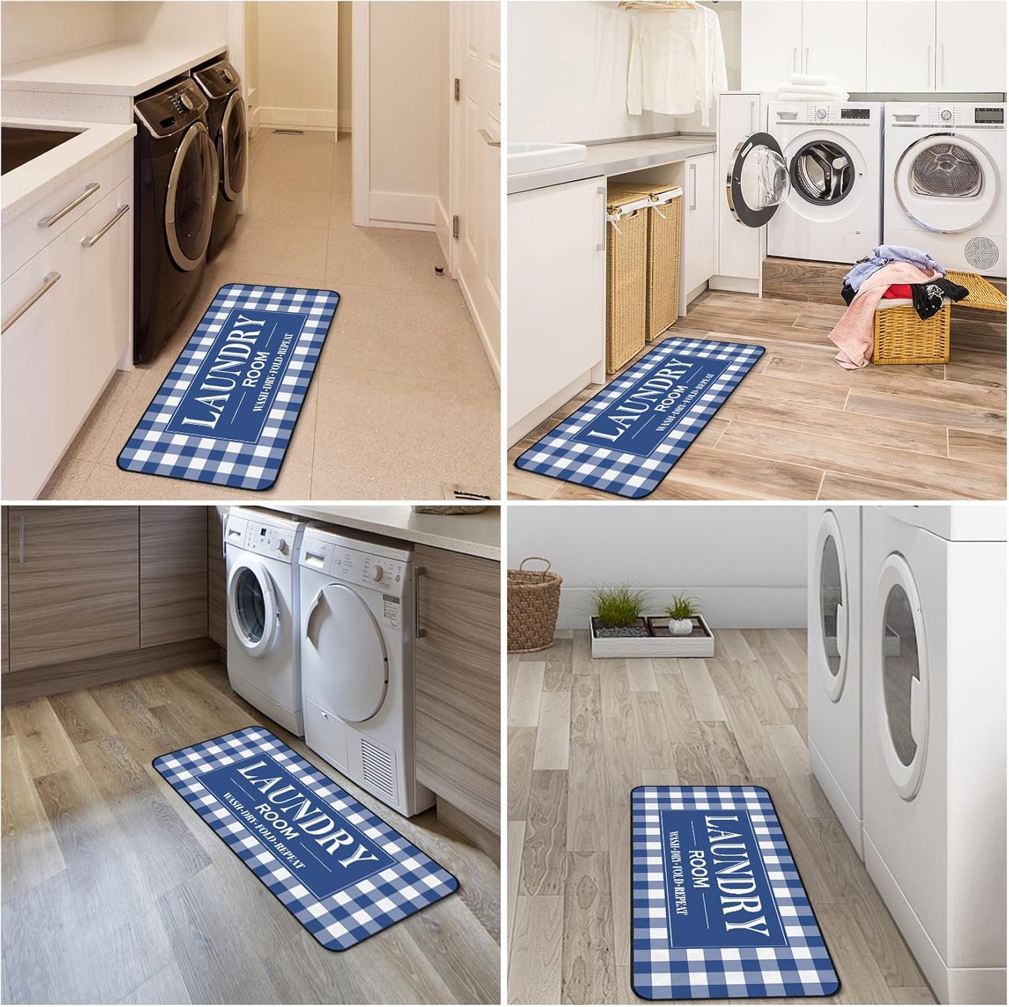 ROMAMIGO Laundry Room Rug Runner Non Slip Laundry Mats Mudroom Laundromat Runner Farmhouse Kitchen Floor Mat Bathroom Laundry Room Decor Accessories(20 X 47 inch, Buffalo Plaid Blue)