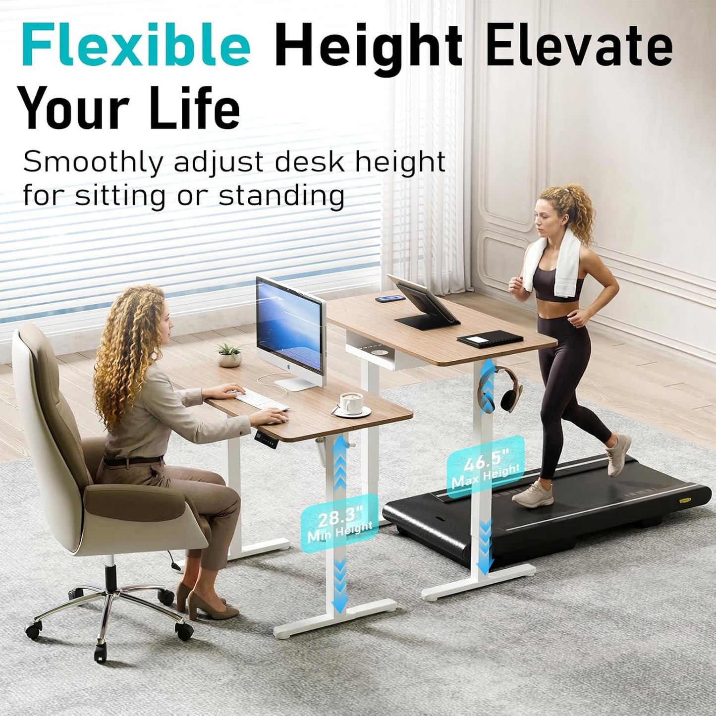 35" Electric Standing Desk Adjustable Height, Small Sit Stand Desk for Home Office & Computer Workstation, Compact Work Desk with Cable Management (Light Walnut)