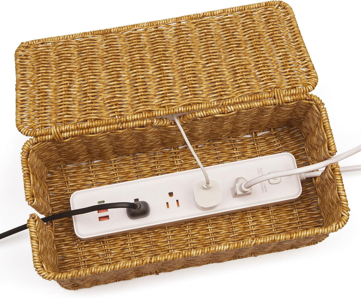 ZhiYo Rattan Cable Management Box, Cord Organizer, Nature, 13.5"x6.2"x6"
