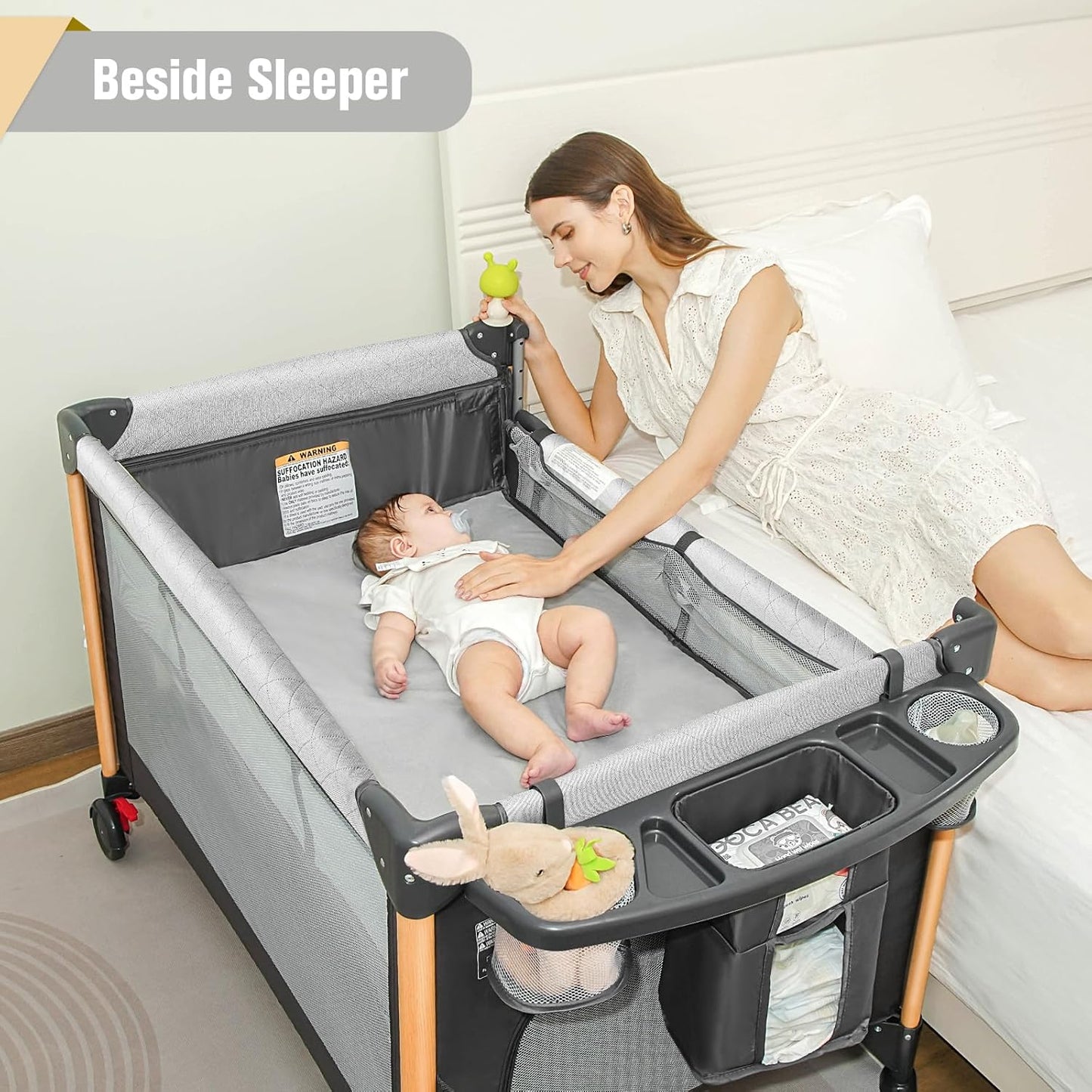 Baby Bassinet 5 in 1 Pack and Play,Baby Crib Adjustable Beside Sleeper One-Second &One-Hand Setup,Portable Playard Foldable Playpen for Newborn,Babies and Toddlers with Changing Table,Mattress (Grey)