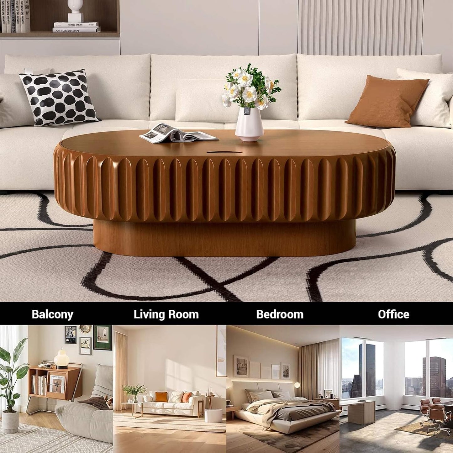 43.3" Oval Drum Fluted Coffee Table with Storage (O) | Mid-Century Modern, Easy Assembly, Sturdy Pedestal, Center Tables for Apartment Living Room