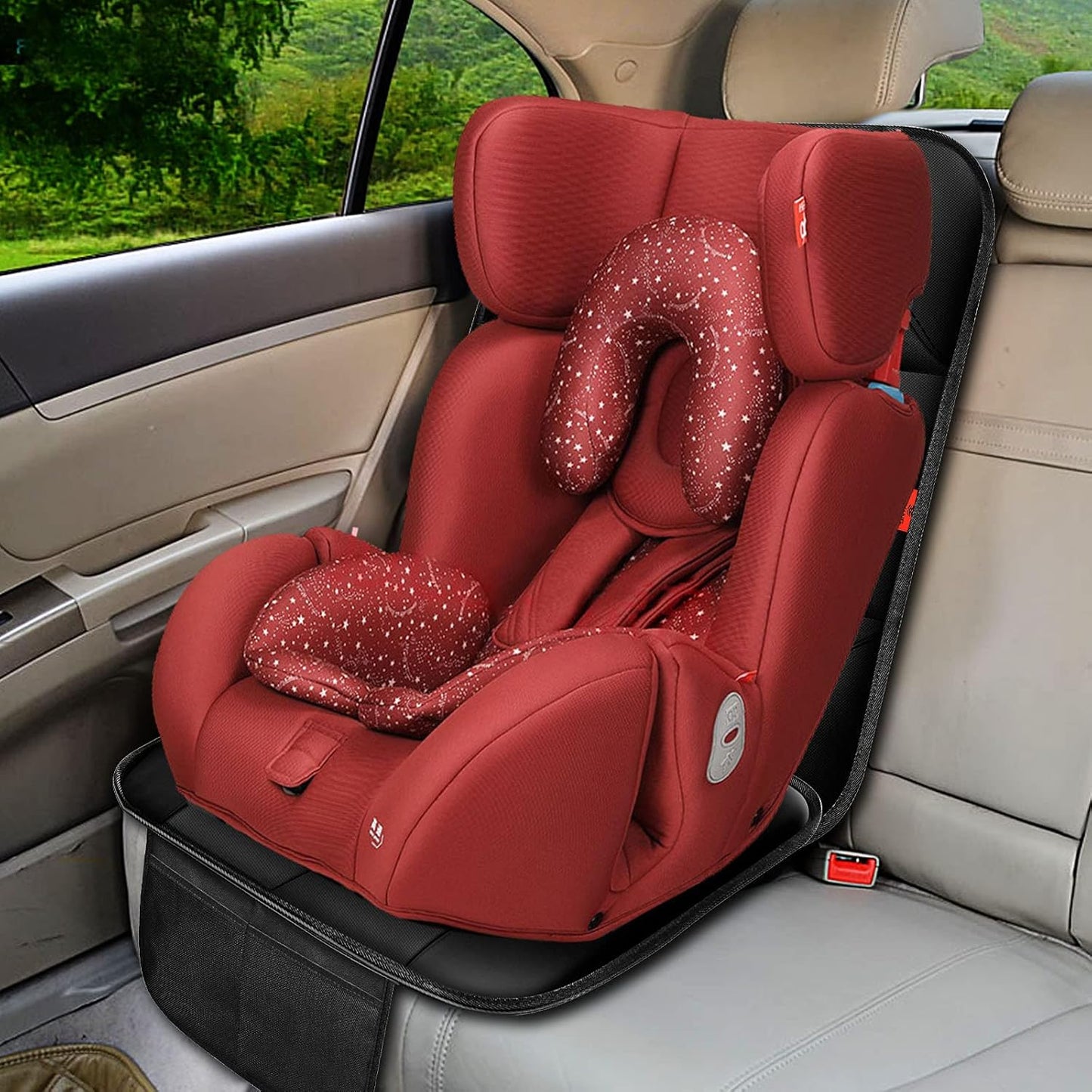 XHYANG Car Seat Protector 1 Pack Car Seat Cushion Mat Thickest Padding,Waterproof 600D Fabric Car Seat Covers for Non-Slip Backing Mesh Pockets for Baby and Pet (Beige, 1 Pc)