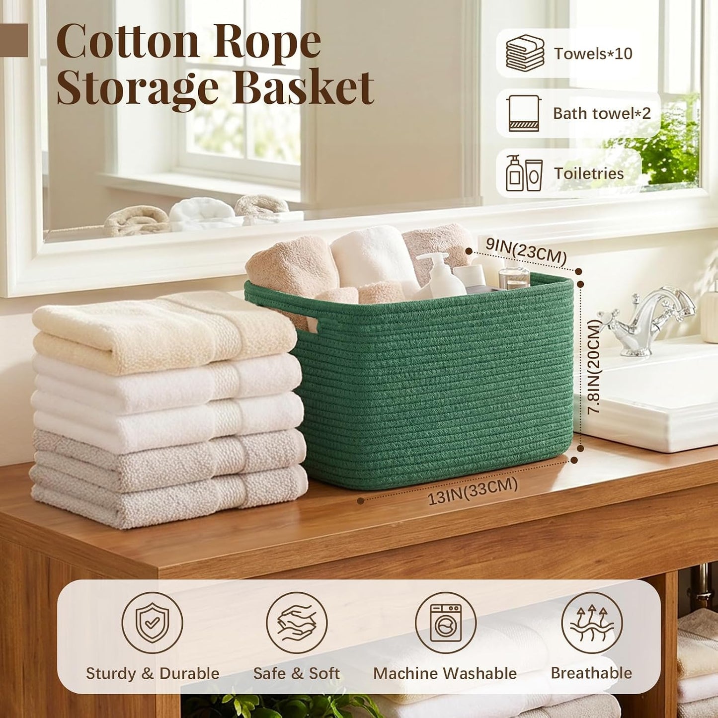 OIASKET 4Packs Natural Cotton Rope Storage Baskets for Organizing Toys, Clothes, Towels & Books, Soft Versatile Organizers for Shelves, Home Decorative Bins, 13''Lx9''Wx7.8''H, Green