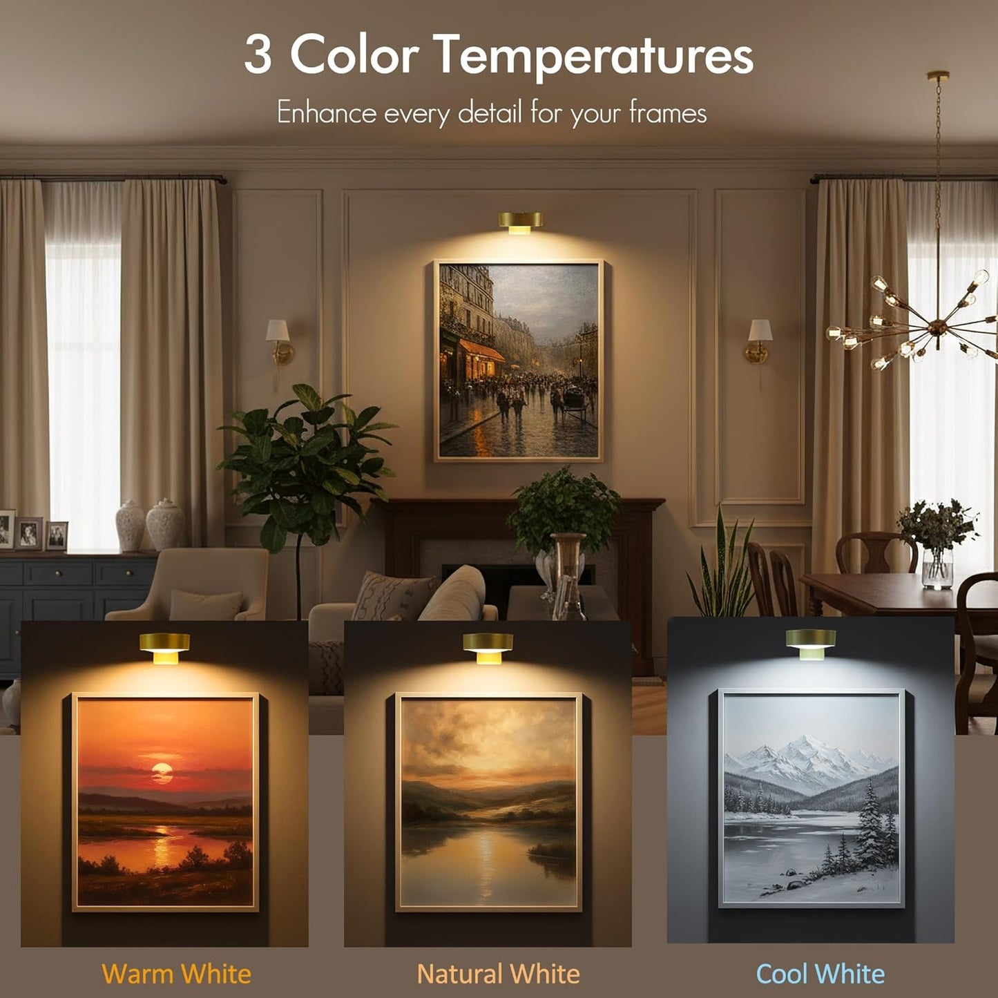 3-Pack Picture Lights for Wall, Rechargeable Battery Operated Led Painting Light with Remote Dimmable ＆ Timer, 3 Lighting Modes Magnetic Art Display Light, Wall Decorative Lighting for Picture,Frame