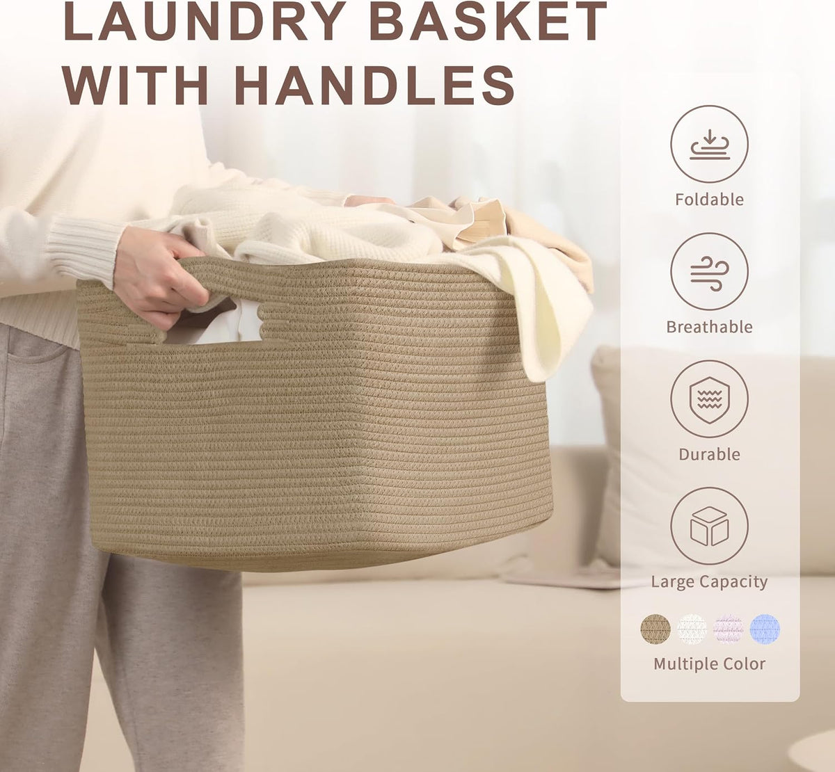 60L Woven Laundry Basket Hamper with Handles, Jute