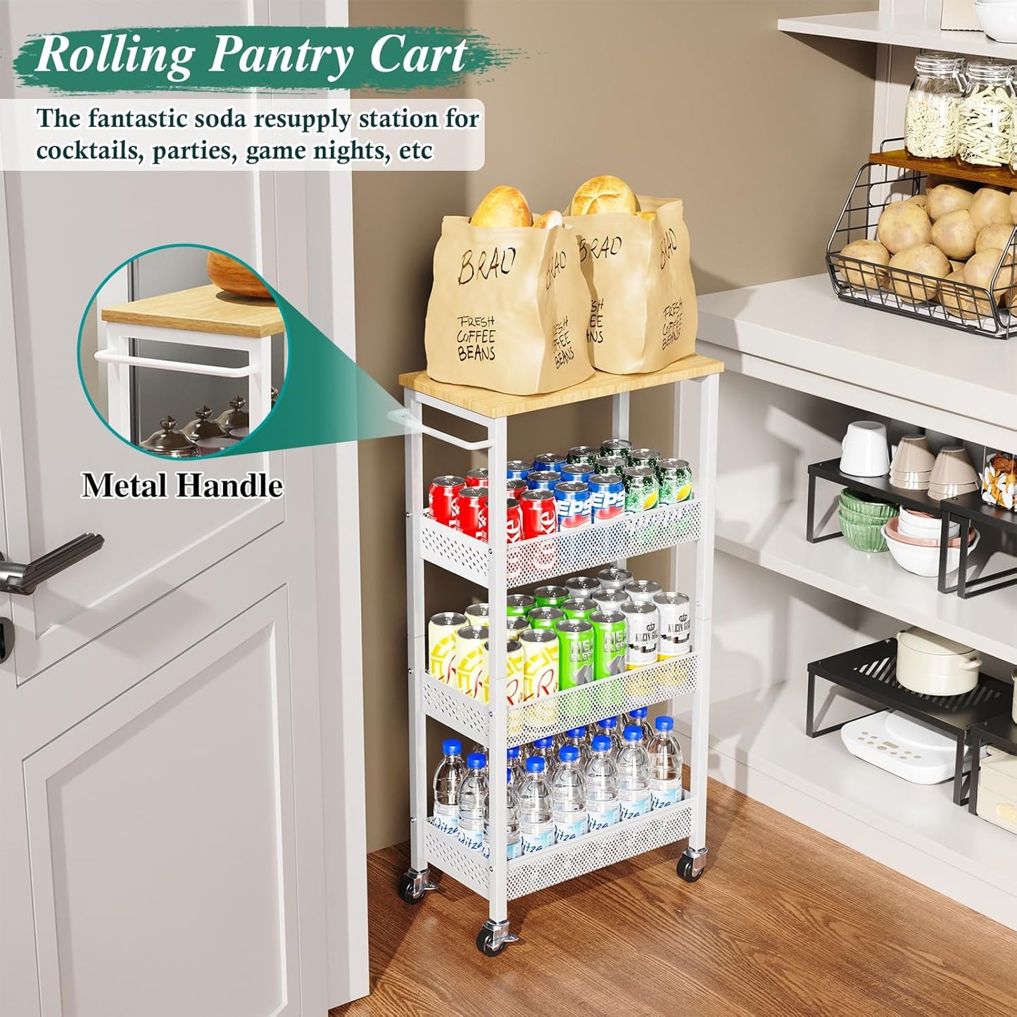 OKZEST Utility Slim Storage Cart, 4-Tier Narrow Bathroom Organizers and Storage Cart, Narrow Metal Kitchen Laundry Room Organization Shelf with Wood Top, Slim Rolling Carts with Wheels for Small Space