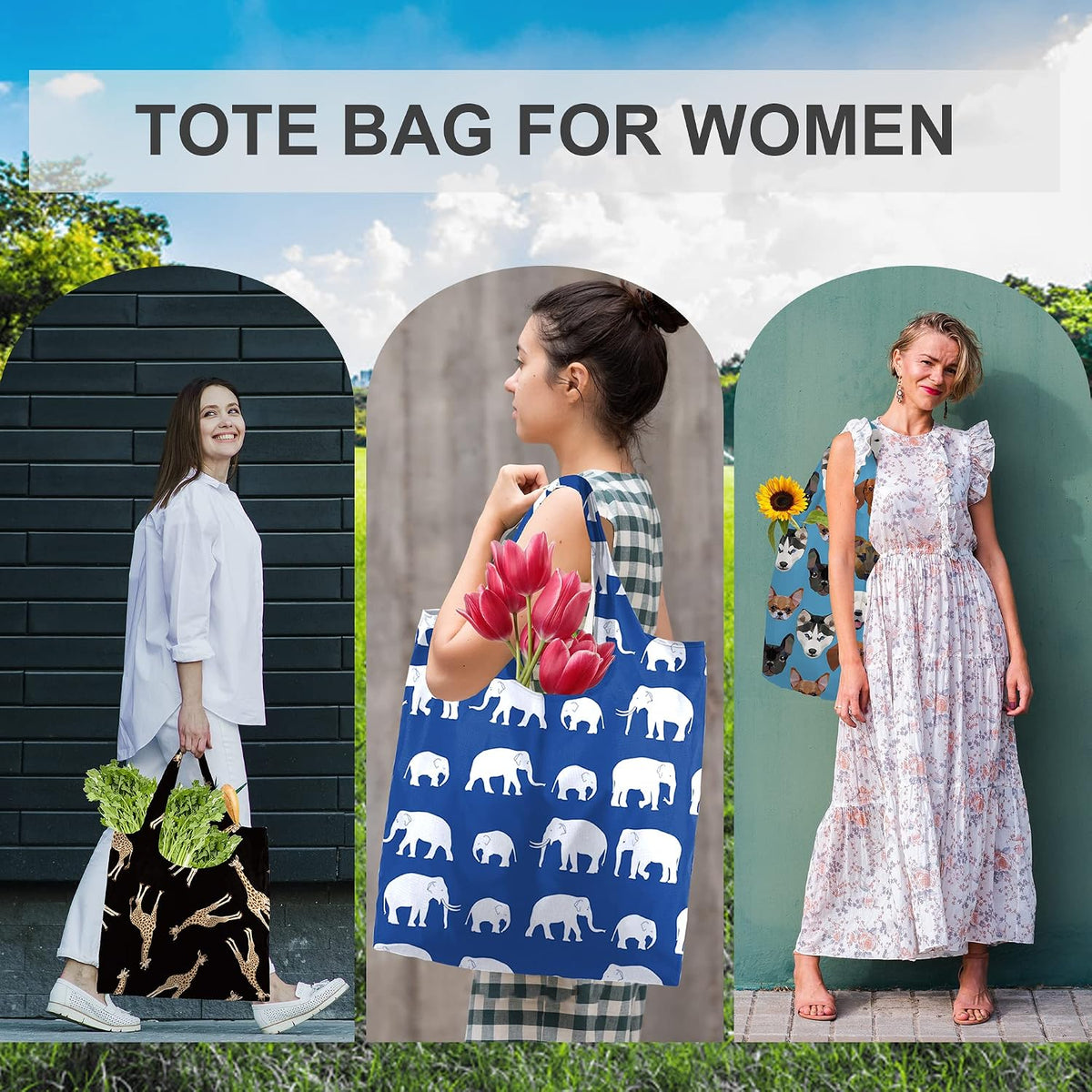 BeeGreen Shopping Bags Cloth Grocery Bags Foldable Travel Bag Tote Bags Bulk - Reusable Gift Bags with Handles (6 Pack) - Heavy Duty Large Washable Animal Holiday Design for Women Travel & Groceries