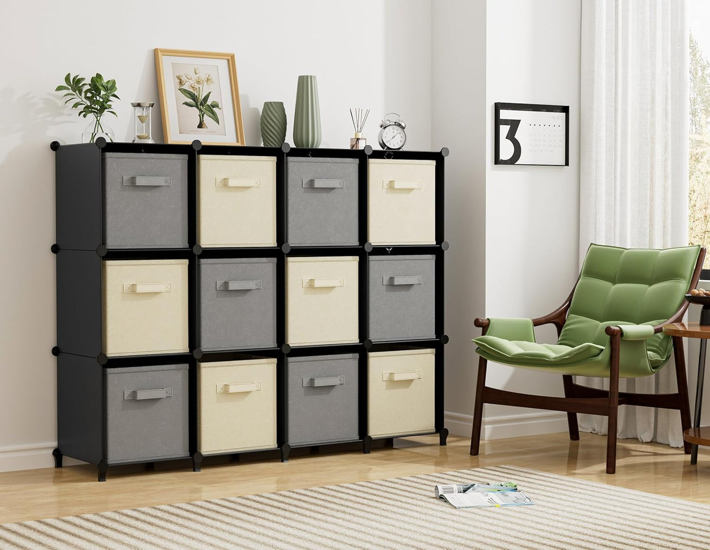 Closet Organizers and Storage, 12 Cube Storage Organizer, Portable Closet Organization Clothes Shelves for Kids, Closet, Bedroom, Bathroom, Office, Black