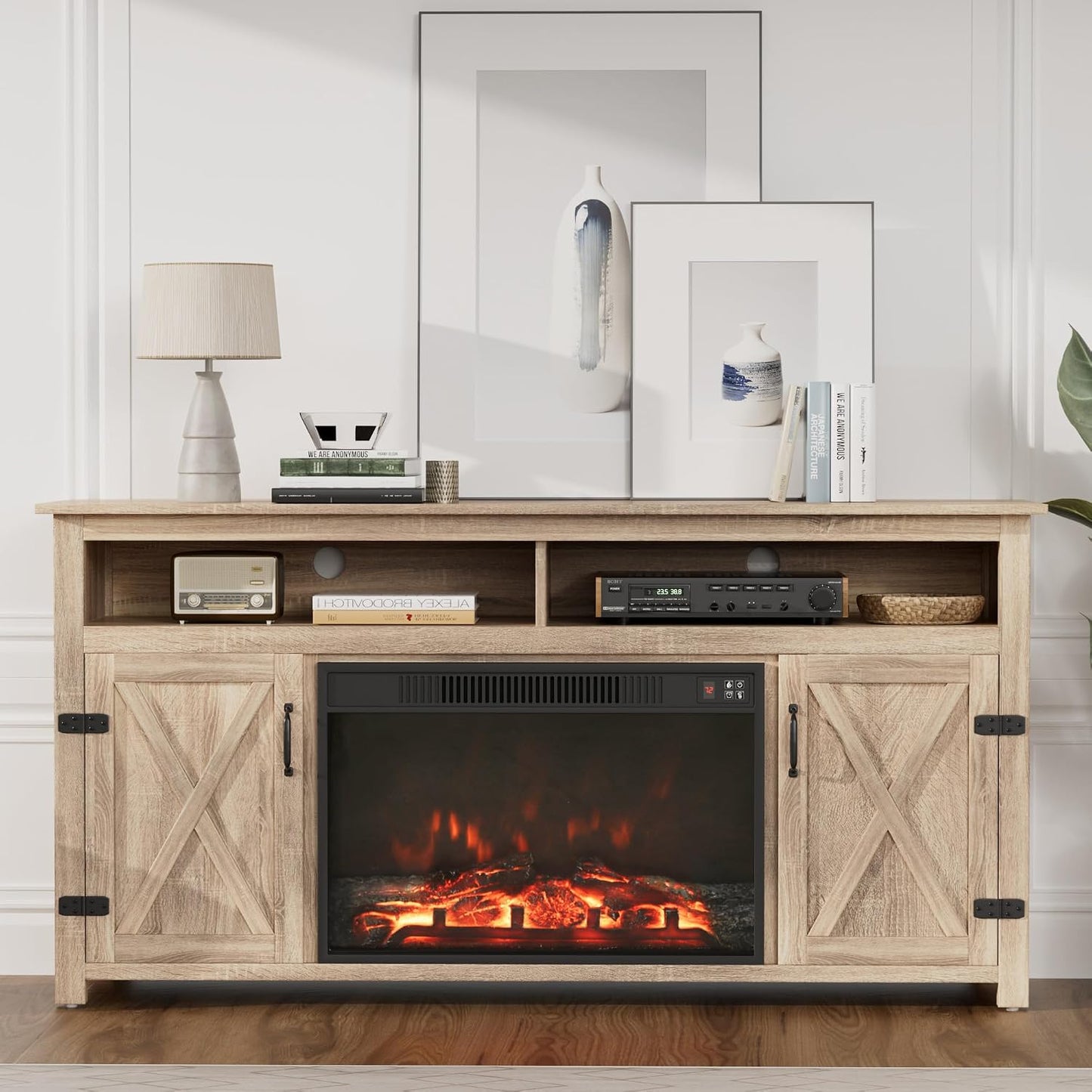 JUMMICO Fireplace TV Stand for TVs Up to 65+ Inch(Pale Yellow)