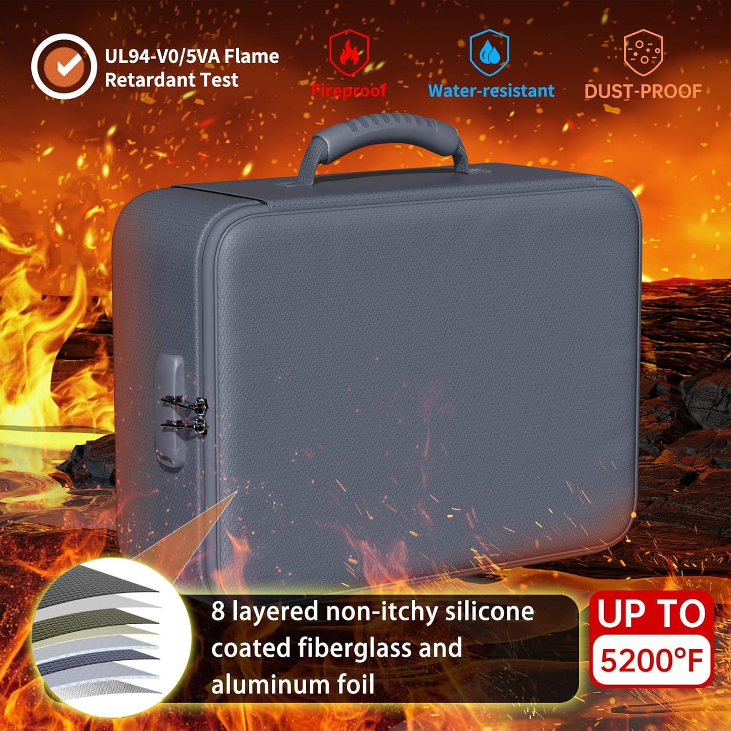 DocSafe 5200°F Document Organizer with Lock,Upgraded Heat Insulated Fireproof＆Waterproof Box 8 Layers File Organizer,Portable Home Travel Safe Storage for Important Documents, Files,Gray (Soft)