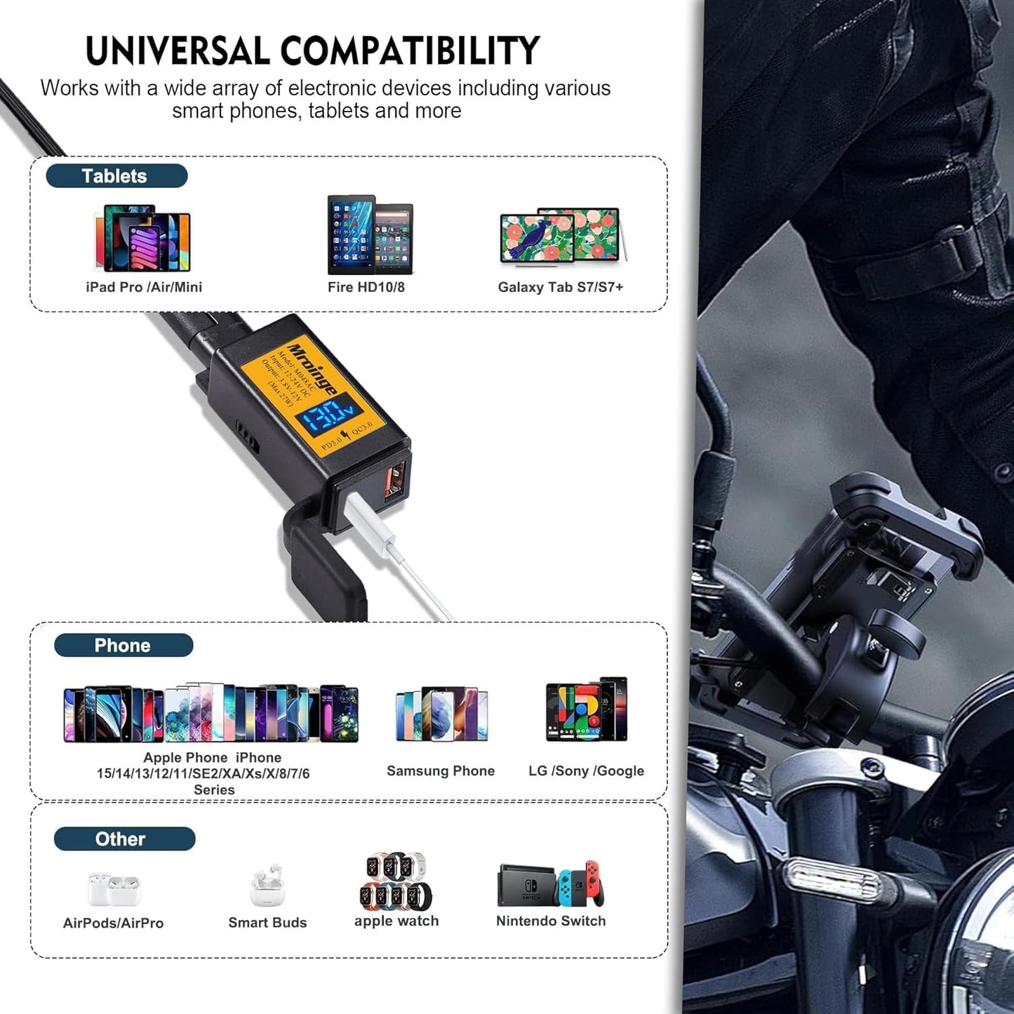 Mroinge Motorcycle USB-C Charger, SAE to USB Adapter, 27W Dual Port USB Fast Charger with Voltmeter/Ammeter and ON/Off Switch, Perfect for Phone, Tablet, GPS etc Charging