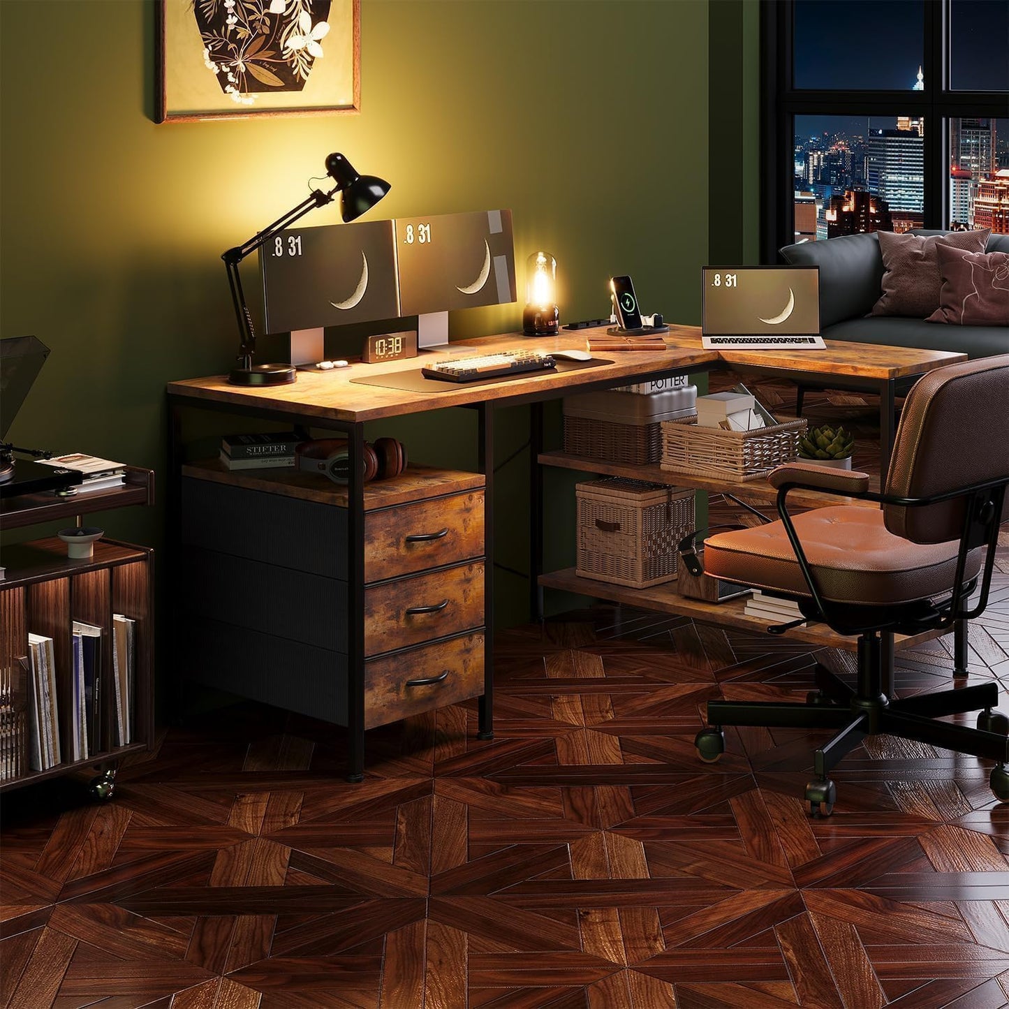 Alpen L Shaped Computer Desk, 47 Inch Corner Desk with Drawers and Power Outlets, Home Office Desk for Gaming, Study Writing PC Table with Storage and Reversible Shelf, Rustic Brown