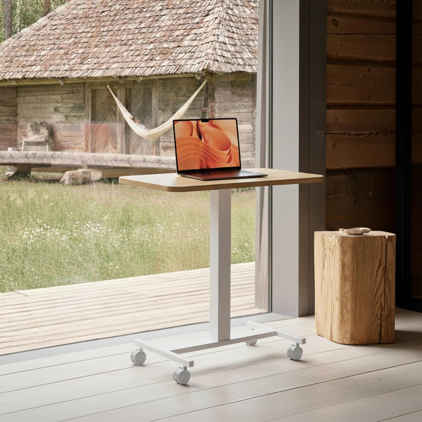 HUANUO Small Rolling Laptop Standing Desk, Height Adjustable Mobile T-Base Desk with Lockable Casters, Portable Sit-Stand Workstation for Bedside & Sofa, Light Walunt