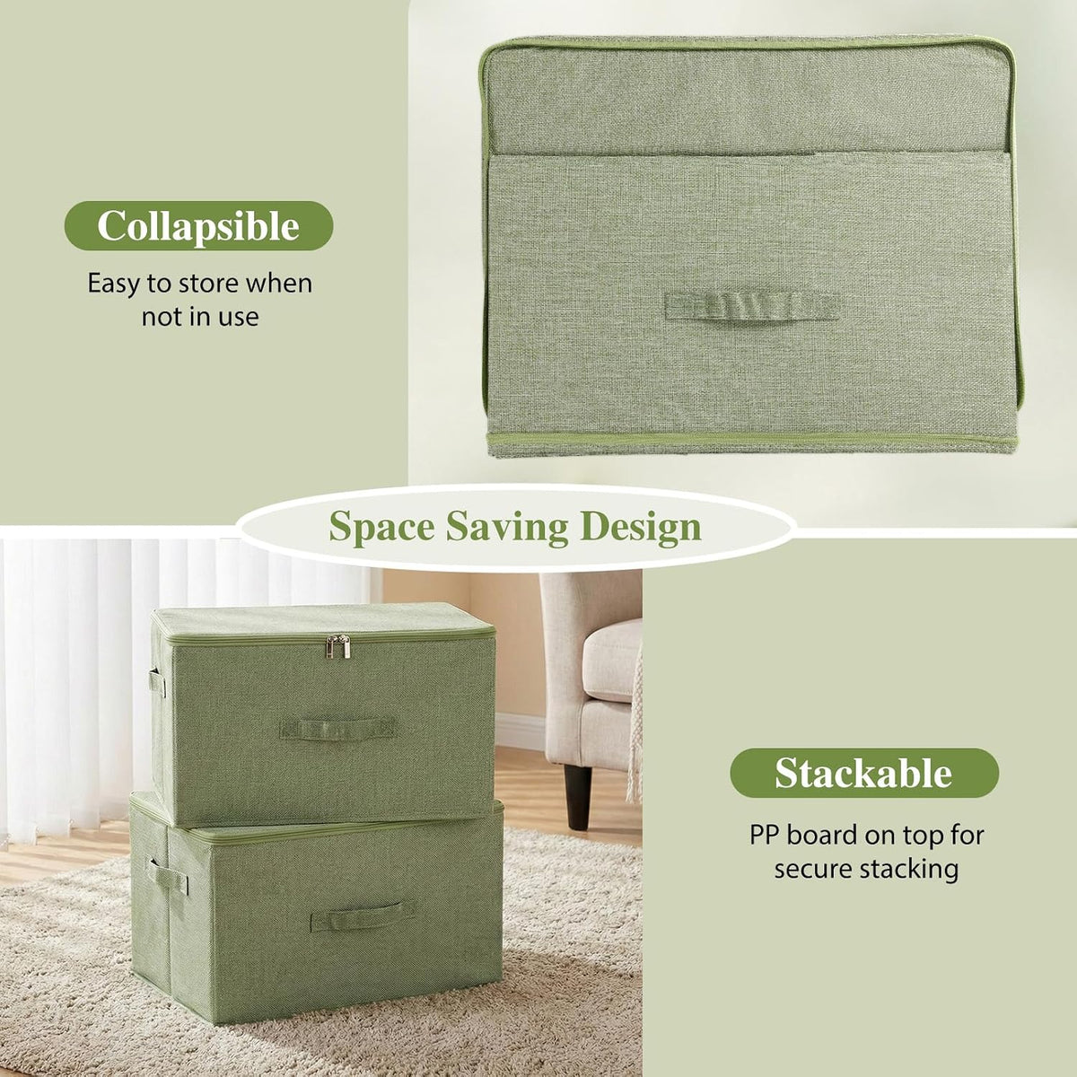 ANMINY Fabric Storage Bins with Zipper Lids, 20"x15"x12", Green, 2 PCS