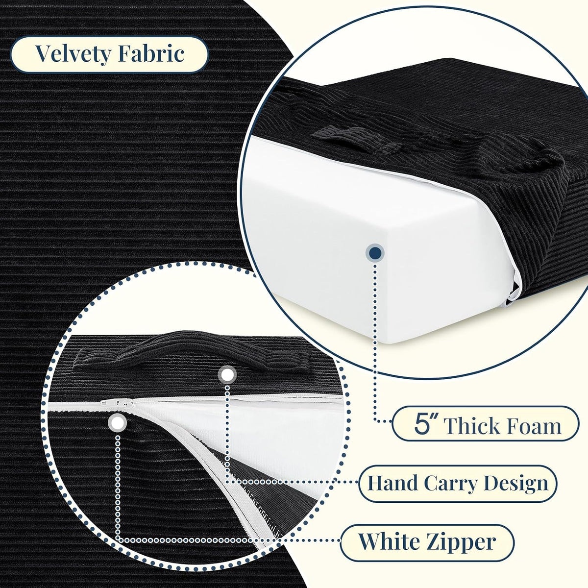 Wellsin Solid Square Floor Pillows for Adults Kids - Large Meditation Floor Pillow Seating Cushion with Thick Foam & Washable Velvet Cover, 1 Pack, 22x22x5 Inch, Black
