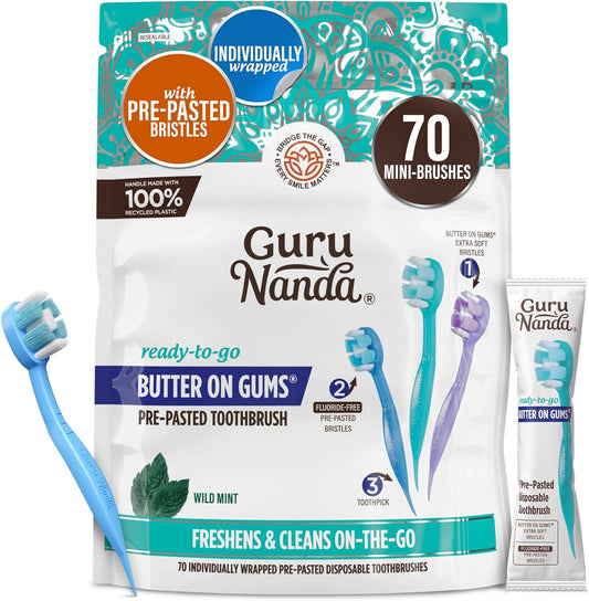 GuruNanda Mini Disposable Toothbrushes with Toothpaste & Toothpick, Prepasted Ready-to-Go Travel Toothbrush with Butter on Gums Bristles - Fluoride Free, No Rinsing, Individually Wrapped, 70 Ct