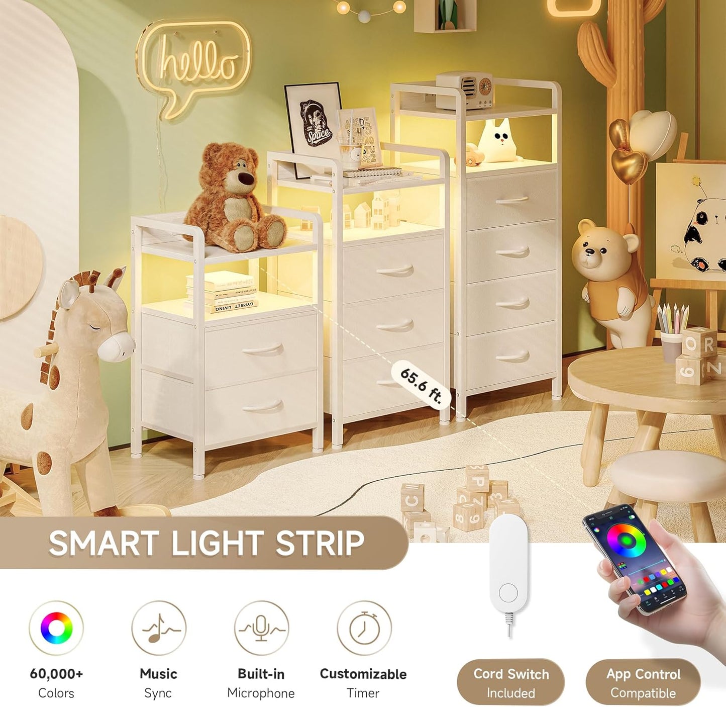 Lazzanto Night Stand Bedside Table Bedroom - White Nightstand with Charging Station & LED Light Strip, Morden Bed Side End Table with Storage Shelf & 2 Fabric Drawers, U-S-B Ports & AC Outlets