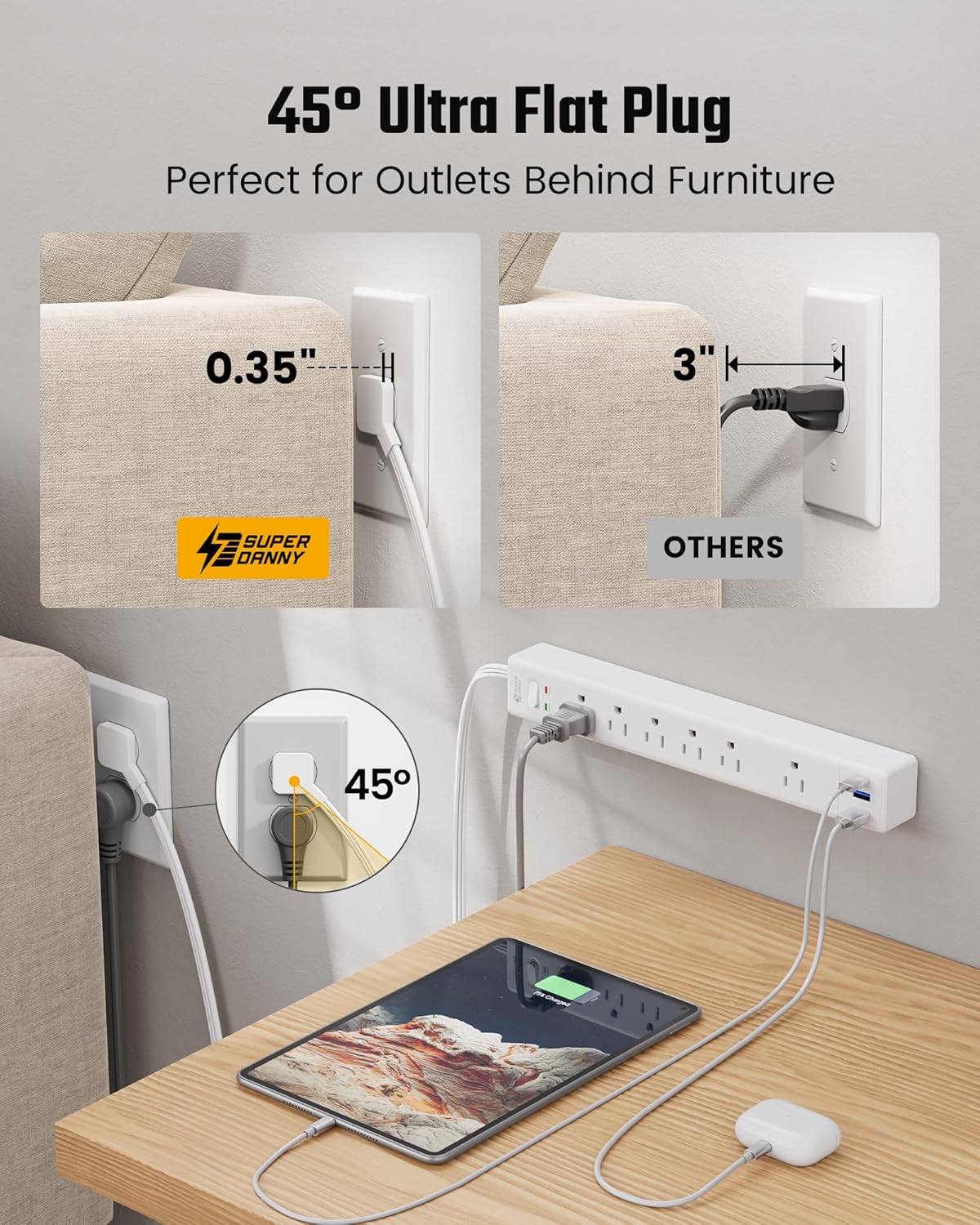 10Ft Extension Cord with Multiple Outlets, SUPERDANNY Flat Plug Surge Protector Power Strip 10 Ft Long Cord, 6 Outlets & 3 USB Ports, Charging Station for Home Office, College Dorm Room Essentials