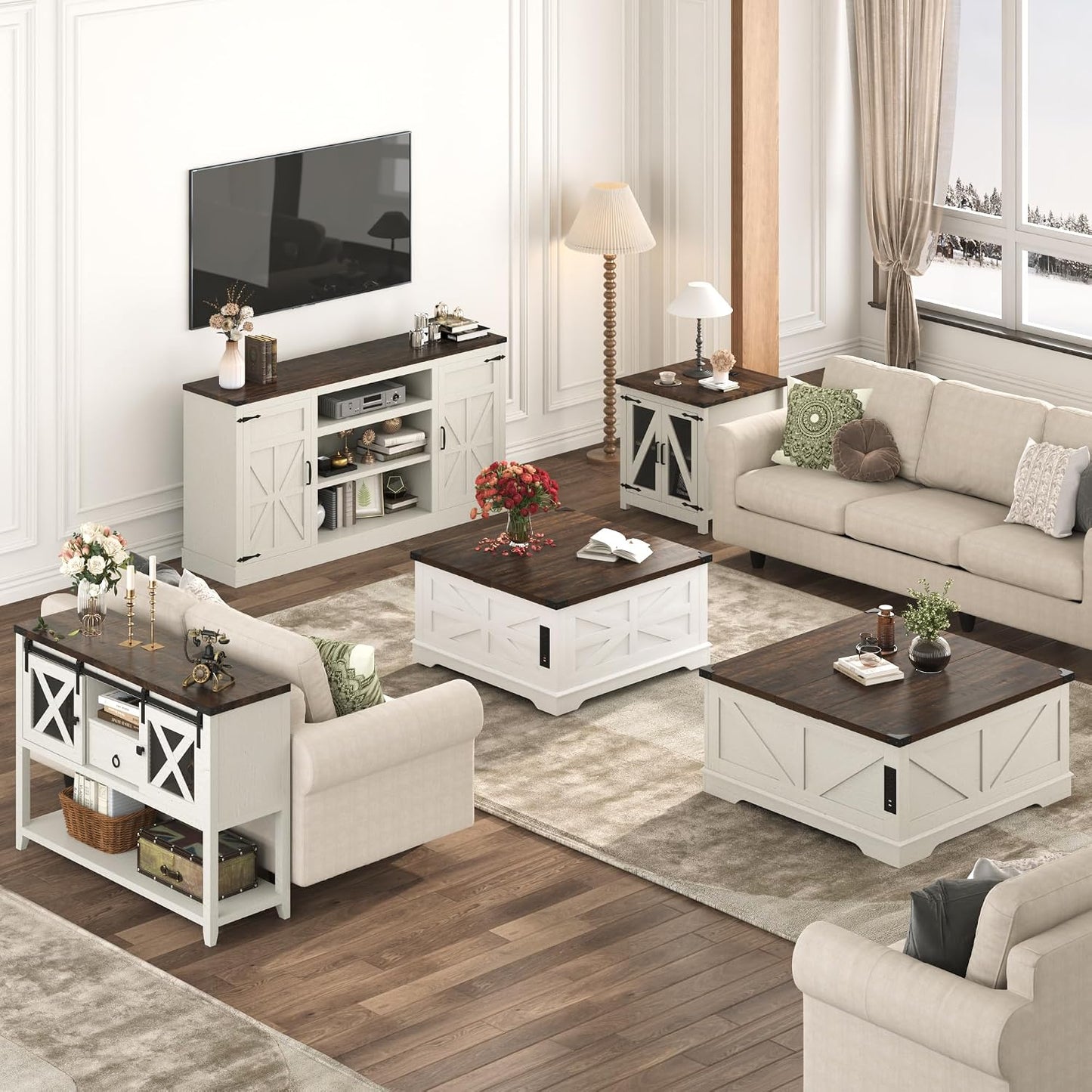 Hlivelood 40” Large Farmhouse Lift Top Coffee Table with Power Outlets and Large Hidden Storage, Square Wood Living Room Tables, Multi-Function Lift Wooden Barn Door Center Table, Rustic White