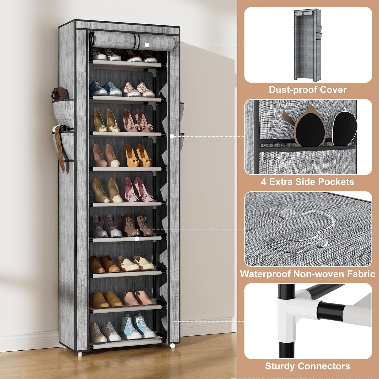 VILICK Shoe Rack with Cover Narrow Shoe Rack Organizer with 4 Side Pockets 10 Tier Tall Shoe Storage Shoe Shelf Holds 18-22 Pairs Shoes and Boots Shoe Rack for Closet, Printing
