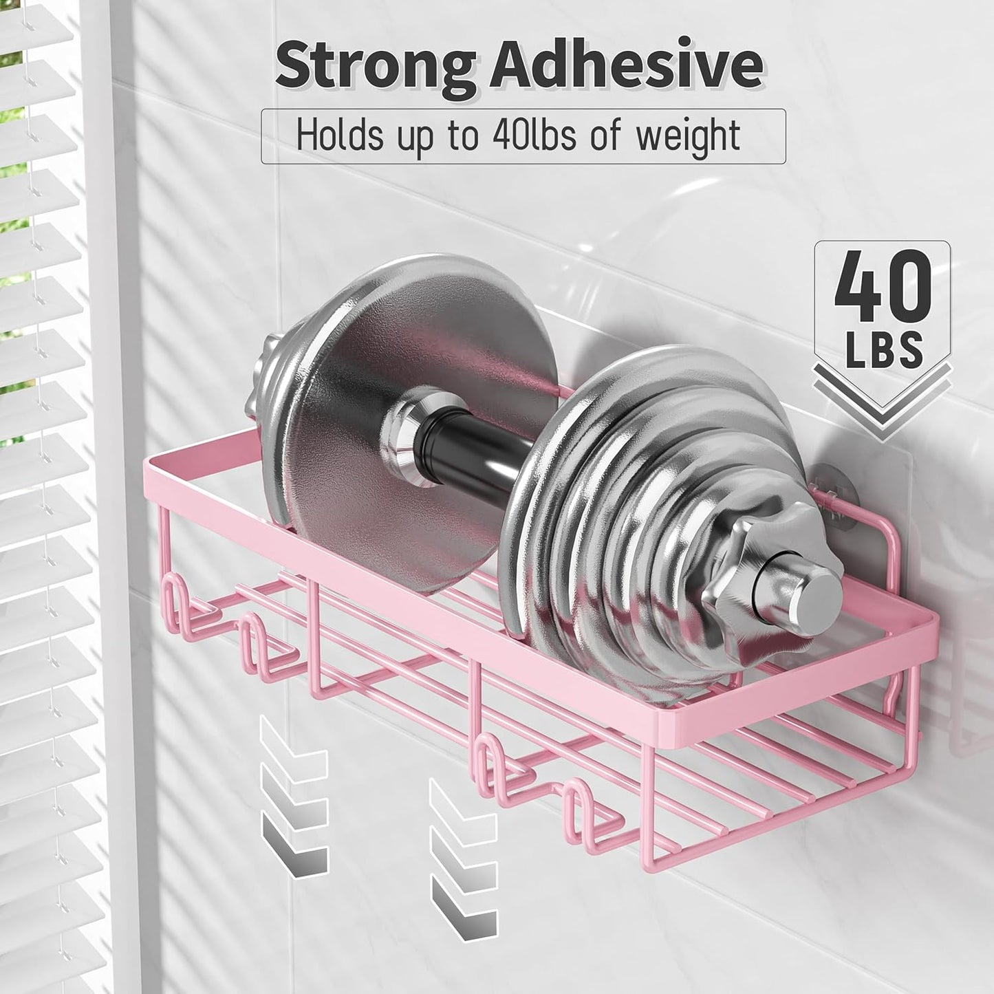 Liuoud 5 Pack Shower Caddy Organizer Rack Shelf for Inside Shower, Adhesive Bathroom Wall Storage Basket Rustproof Stainless Steel Shampoo Holder, Girly Bathroom Accessory Decor Set, Pink