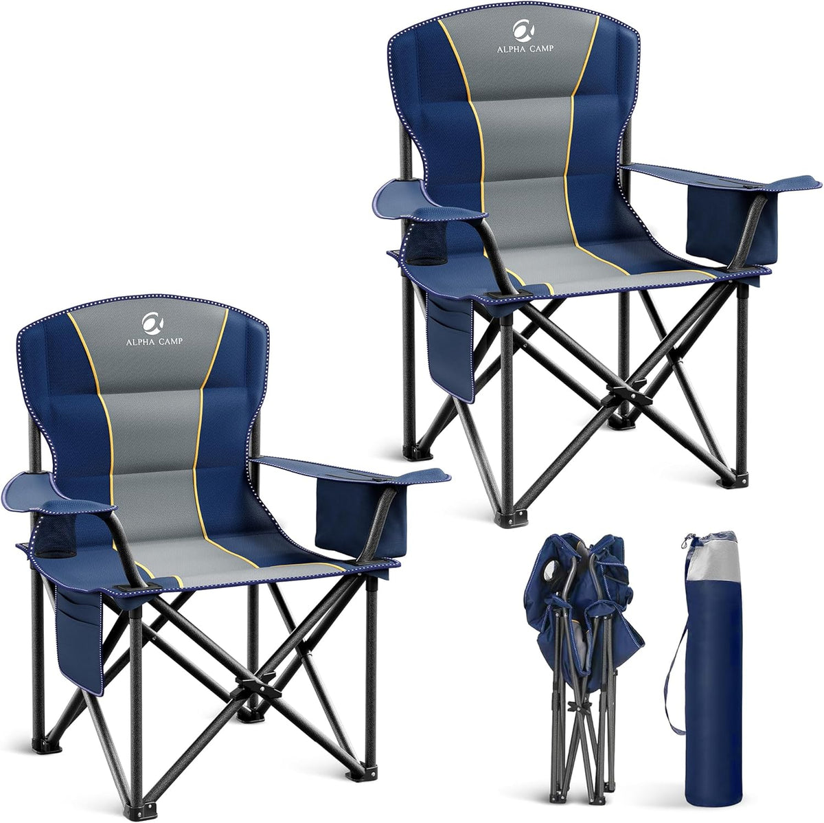 LET'S CAMP Folding Camping Chair Oversized Heavy Duty Padded Outdoor Chair with Cup Holder Storage and Cooler Bag, 450 LBS Weight Capacity, Thicken 600D Oxford,2 Pack