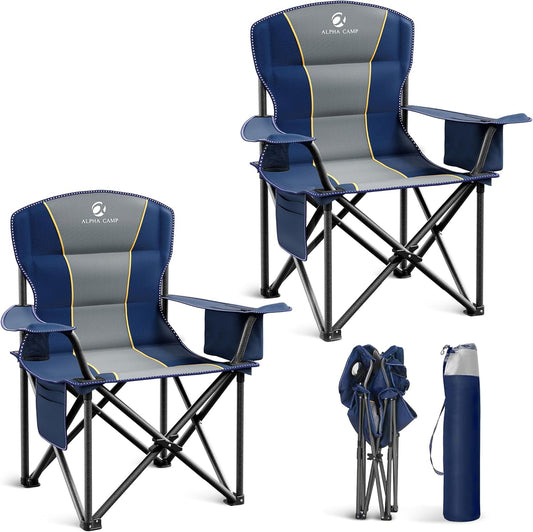 LET'S CAMP Folding Camping Chair Oversized Heavy Duty Padded Outdoor Chair with Cup Holder Storage and Cooler Bag, 450 LBS Weight Capacity, Thicken 600D Oxford,2 Pack