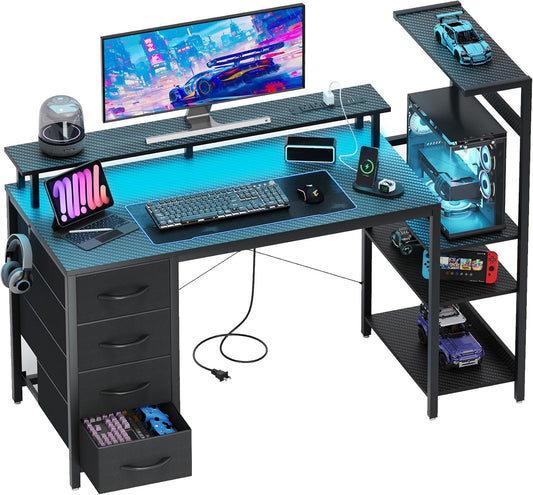 51 Inch Gaming Desk with LED Lights and Power Outlets, Computer Desk with Storage Shelves, Fabric Drawers, Monitor Stand & Side Hook, Reversible Gamer Table for Home Office, Carbon Fiber Black