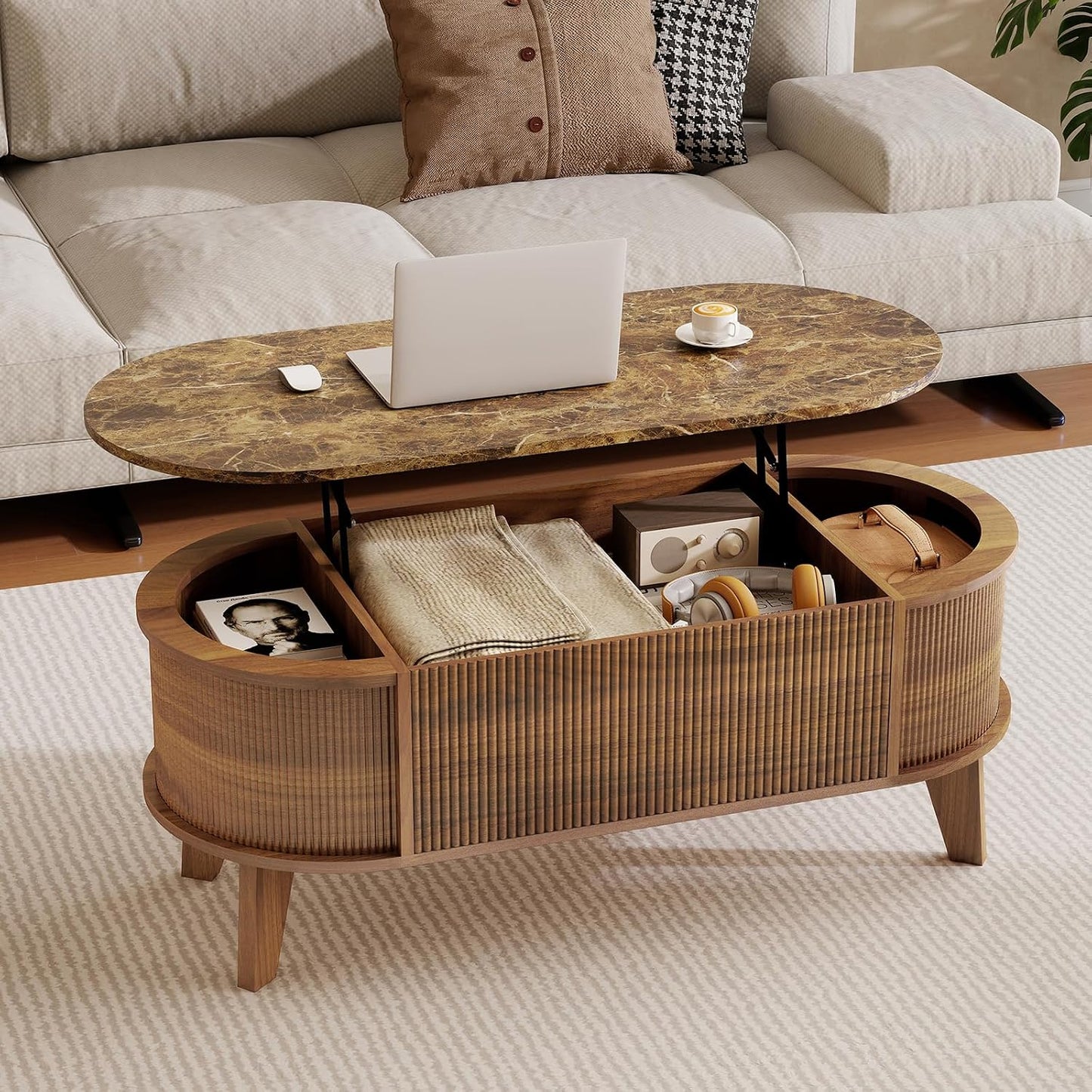 LYNCOHOME 43.3'' Fluted Lift Top Coffee Table with Storage,Modern Oval Coffee Table for Living Room or Home Office（Walnut）