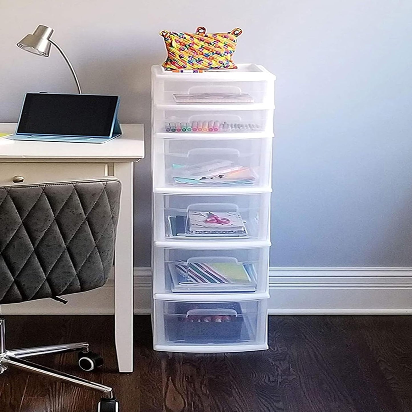 HOMZ 2-Pack Drawer Tower, 6-Tier Clear Plastic Storage Organizer Cart, White Frame - Heavy-Duty Organizing Drawers for Home, Bedroom, and Closet Organization