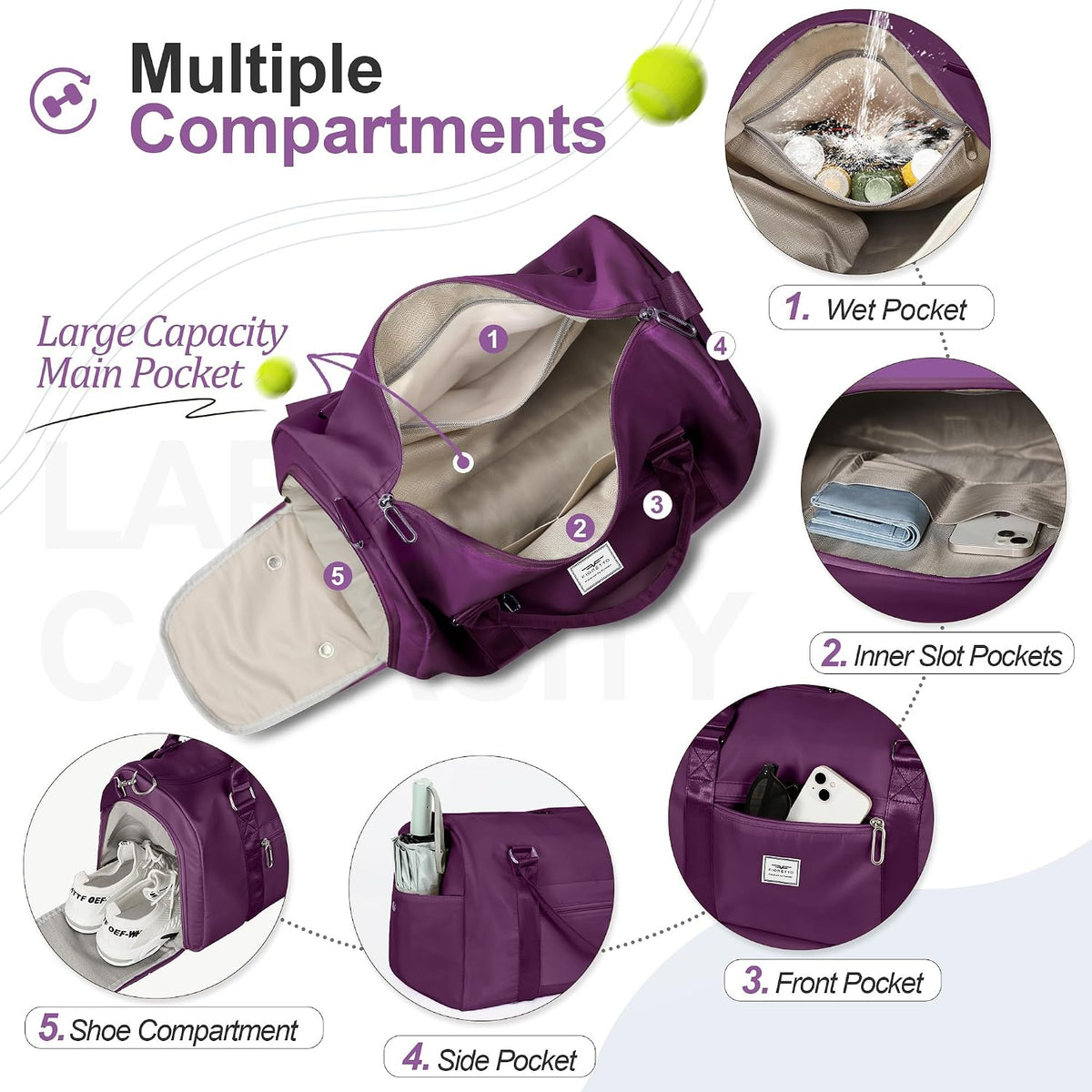 FIORETTO Womens Gym Tote Duffle Bag with Wet Pocket & Shoe Compartment, Sports Duffel Overnight Weekender Hospital Workout Carry on Bag for Girls, Ideal for Travel, Swimming, Dance, Ballet Dark Purple