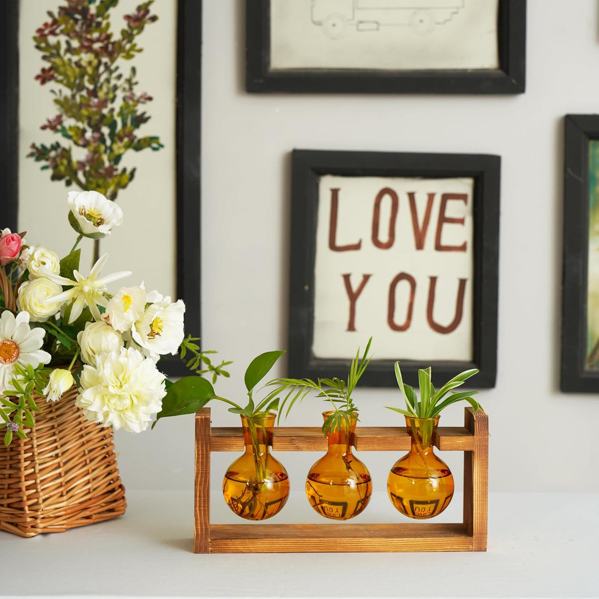 Kingbuy Glass Plant Terrarium Propagation Station - 3 Bulb Colored Vases with Retro Wood Stand Indoor Garden Planter - Wall Mount Desktop Decor for Home Kitchen Wedding, Plant Lover Gift, Amber