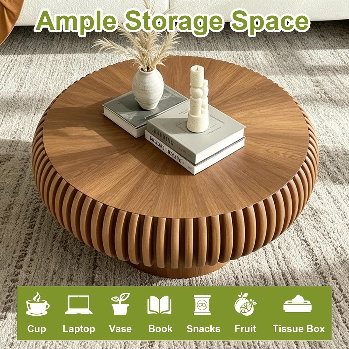 31 inch Brown Round Fluted Coffee Table for Living Room (E, 1PC) | Mid Century Modern Style, Drum Shape, Low Circle Center Table, Wood Fluted Stripes, For Small Spaces, Easy to Assemble