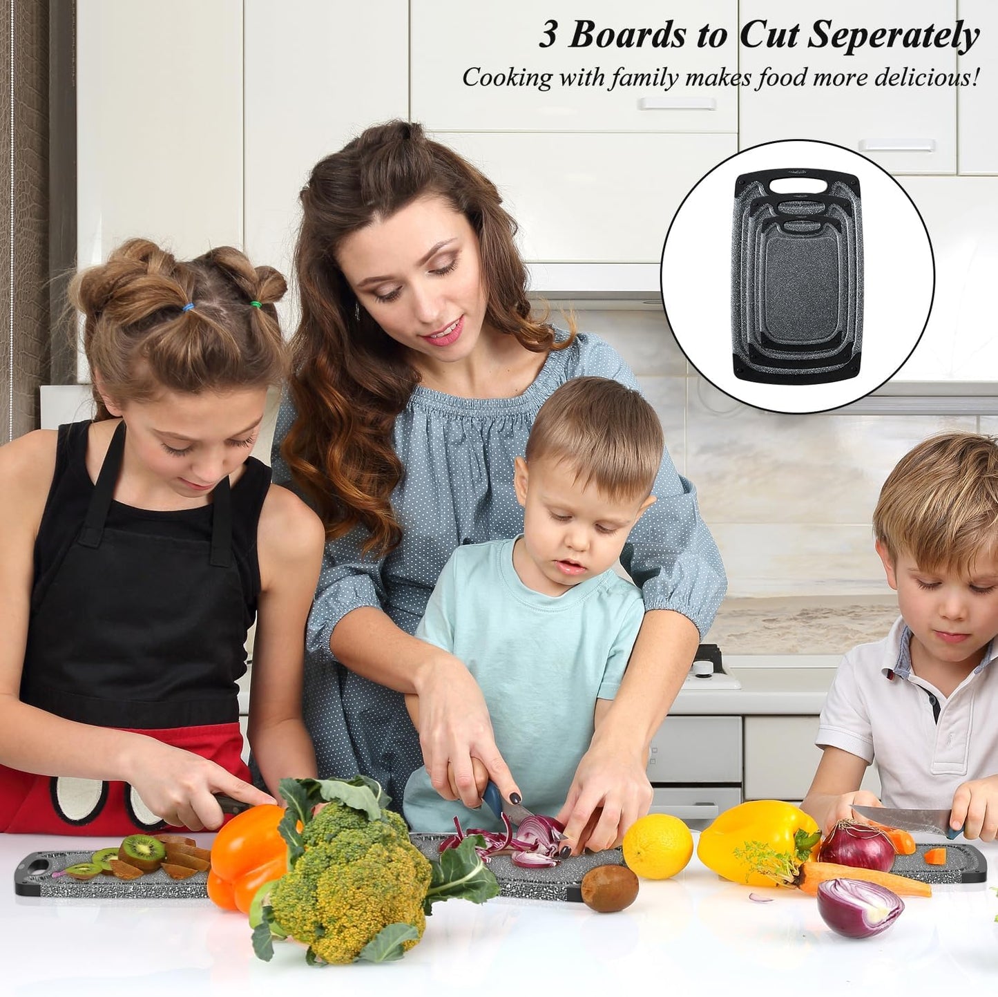 Viretang Plastic Cutting Boards Set of 3 for Kitchen, Thick Chopping Board with Deep Juice Grooves, Non‑Slip Feet, Easy Grip Handle, BPA Free, Dishwasher Safe,Black