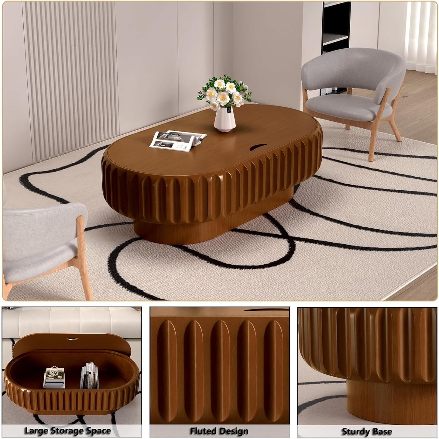 Mid Century Modern Oval Fluted Coffee Table with Storage (P) | Handcraft Drum Coffee Table, Sturdy Pedestal, Wood Veneer Top, for Living Room Reception Room Farmhouse