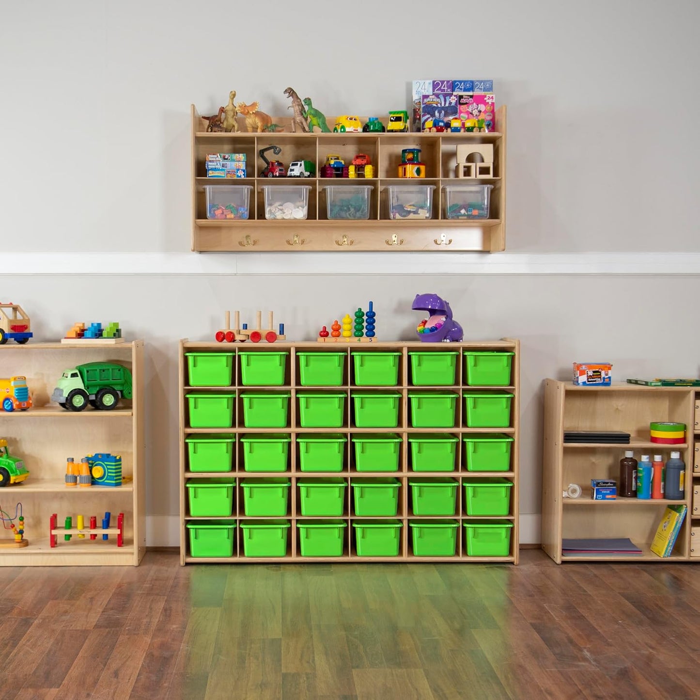 Wood Designs Cubby Storage Bin, Heavy Duty Plastic Containers for Kids Lime Green Cubby Tray Set of 10
