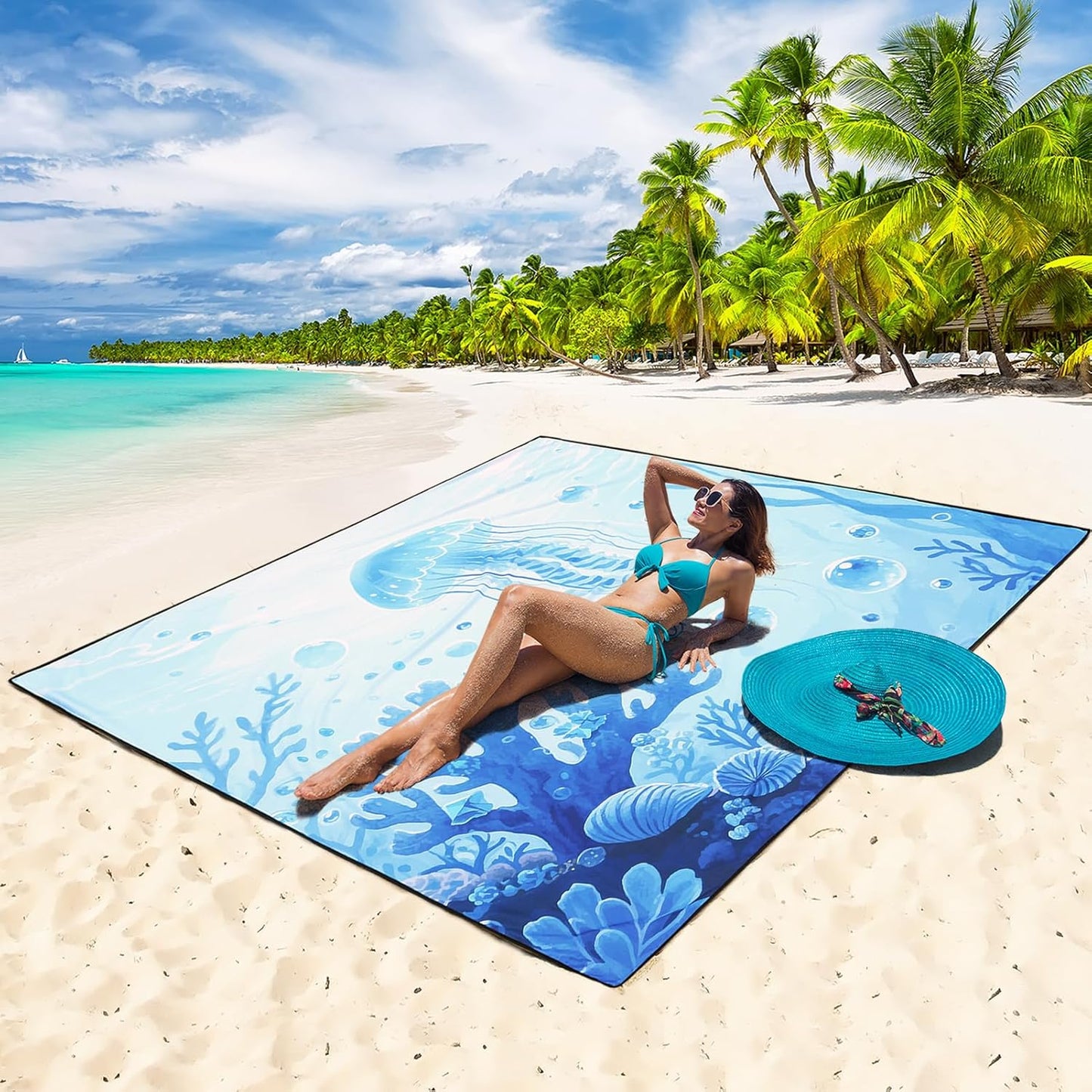 WIWIGO Beach Blanket Waterproof Sandproof Beach Mat 79" X 83"/10'x9'for 2-8 Adults Quick Drying Outdoor Picnic Mat Beach Accessories for Travel, Camping, Hiking